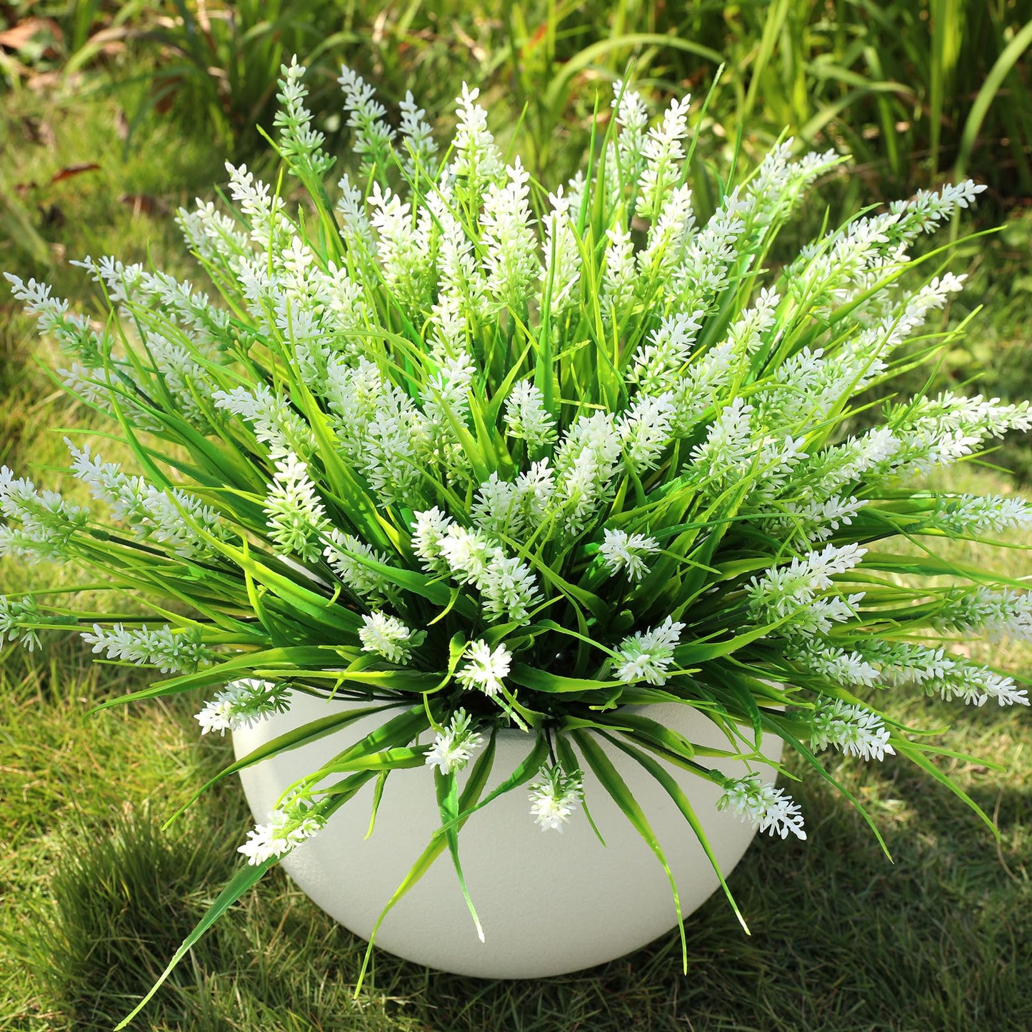 AmberFun 16 Bundles Artificial Plants Outdoor, UV Resistant Fake Lavender & Monkey Grass, Realistic Plastic Faux Plants for Balcony, Patio, Porch Greenery Decor, Planter Filler(White)