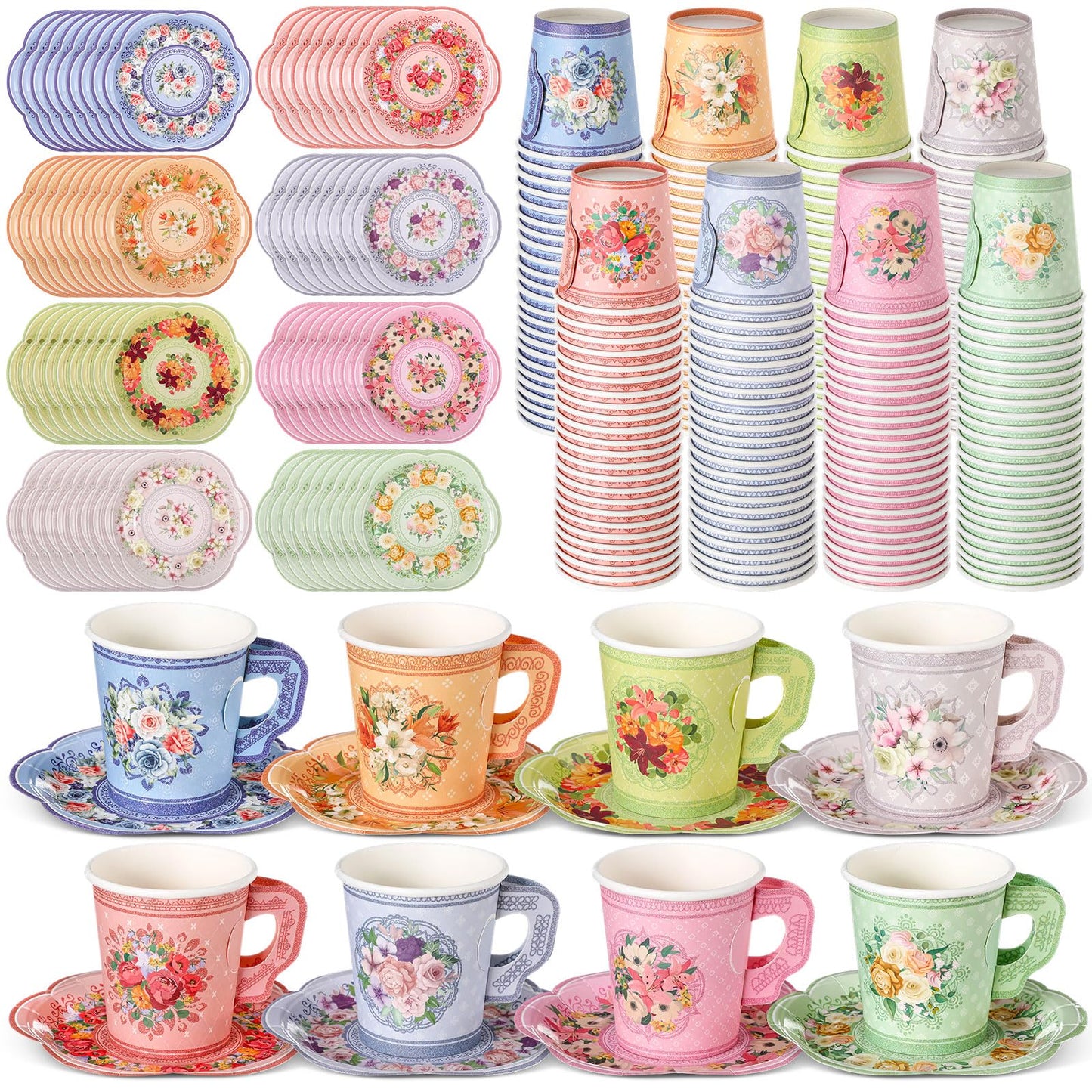Nuogo 400 Pcs Floral Paper Tea Cups and Saucers Disposable Tea Party Supplies, 200 Sets 7 oz Vintage Teacups with Handles and Plates for Wedding Birthday Baby Shower Bridal Garden Summer Party