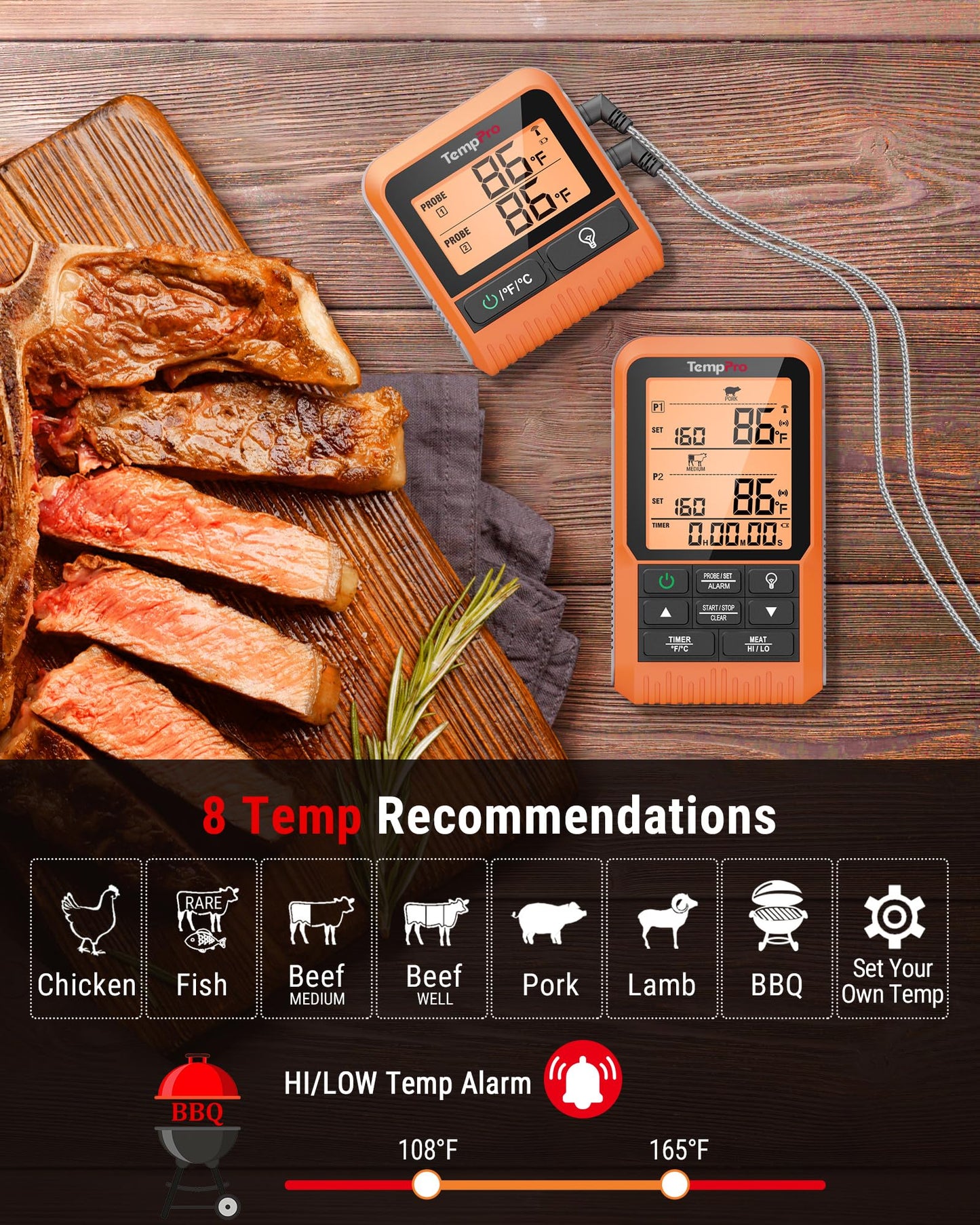 TempPro TP826 500FT Wireless Meat Thermometer, Dual Meat Probe Cooking Thermometer with HI/Low Alert, Food Grill Temperautre Probe for BBQ, Smoker, Oven, Grilling Gift (Previously ThermoPro)