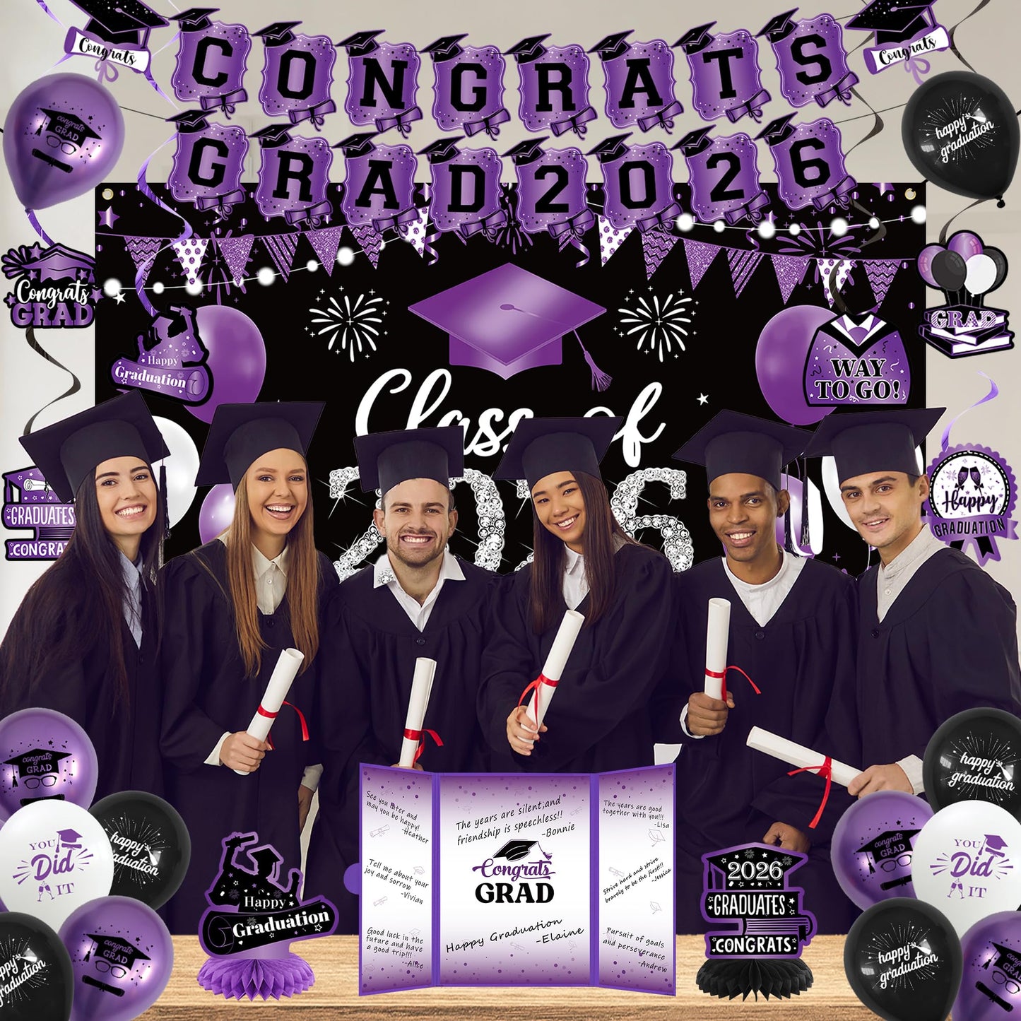Vlipoeasn Purple 2026 Graduation Party Decorations 2026 College/High School Graduation Decorations Party Supplies, Black and Purple Class of 2026 Congrats Grad Backdrop Banner Signature Book