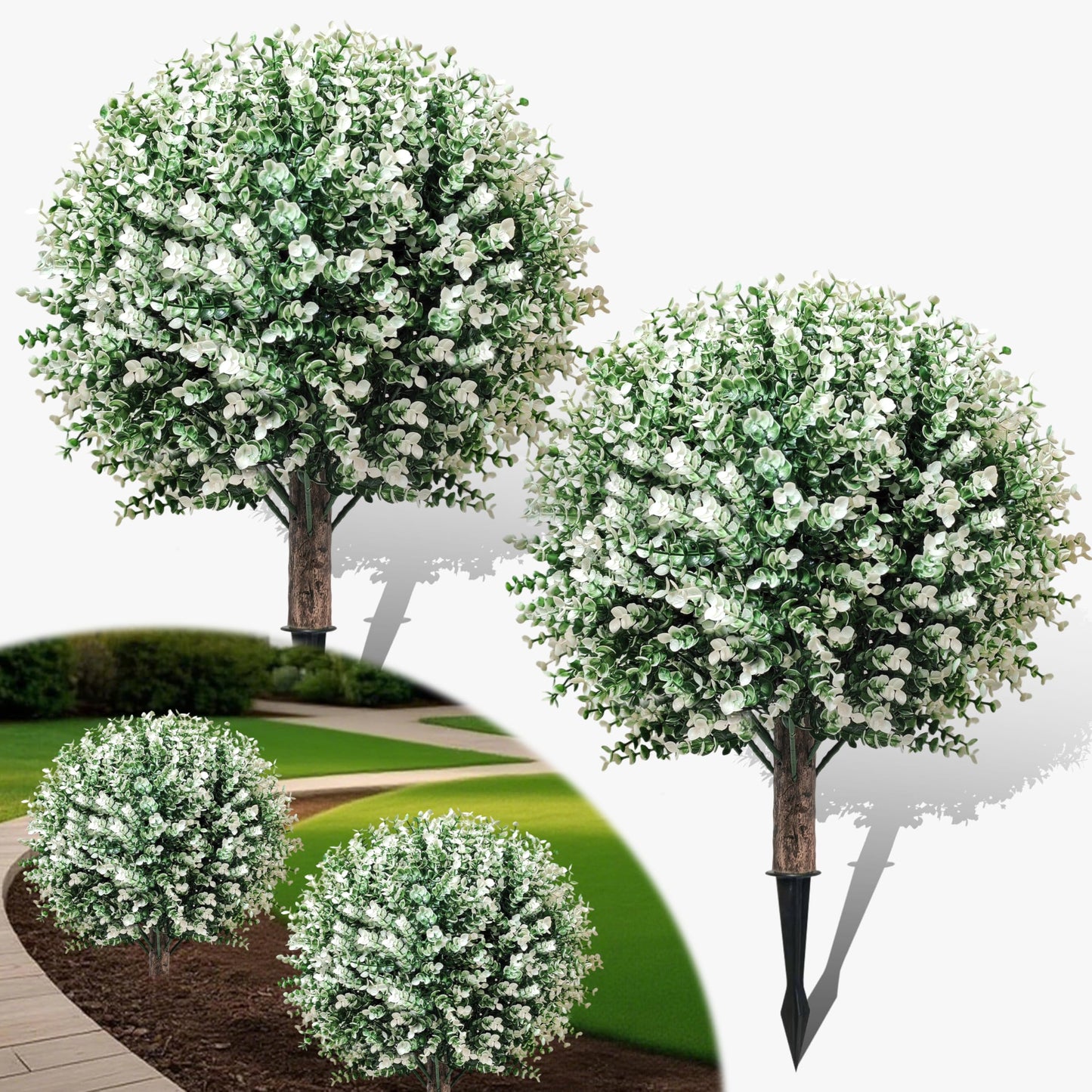 24.5" Artificial Boxwood Topiary Ball Trees with Spikes – Fake Bushes Eucalyptus Shrubs 2 Pack, UV Resistant Faux Plants Foliage for Outdoor Planters Porch Garden Indoor Office, Spring Decor – White
