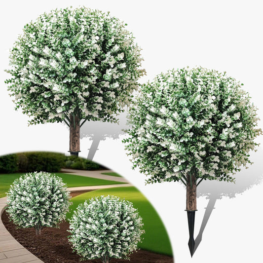 24.5" Artificial Boxwood Topiary Ball Trees with Spikes – Fake Bushes Eucalyptus Shrubs 2 Pack, UV Resistant Faux Plants Foliage for Outdoor Planters Porch Garden Indoor Office, Spring Decor – White