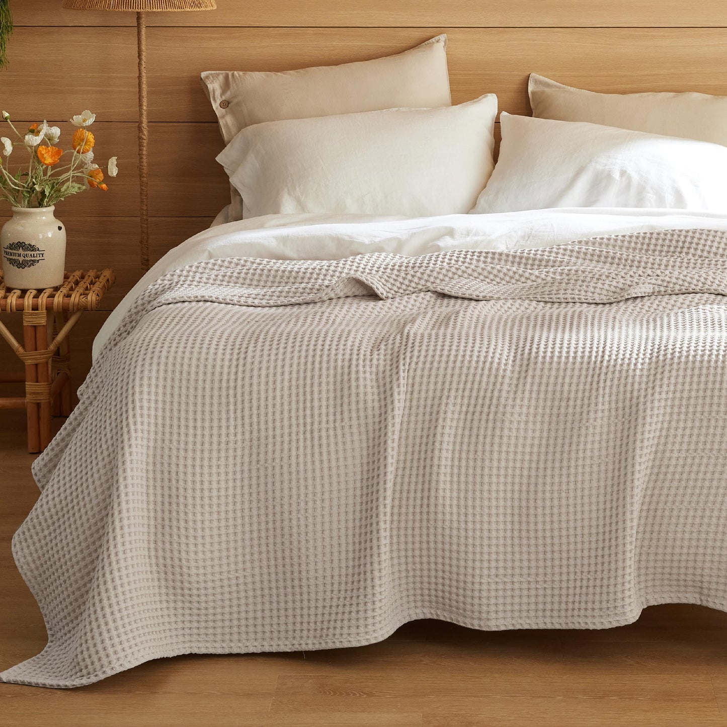 Bedsure 100% Cotton Blanket Queen Size for Spring Summer, Waffle Weave Thin Lightweight Breathable Blanket for Bed, Cotton Bedding Room Decor Gifts for Women, Men, Linen, 90" x 90"