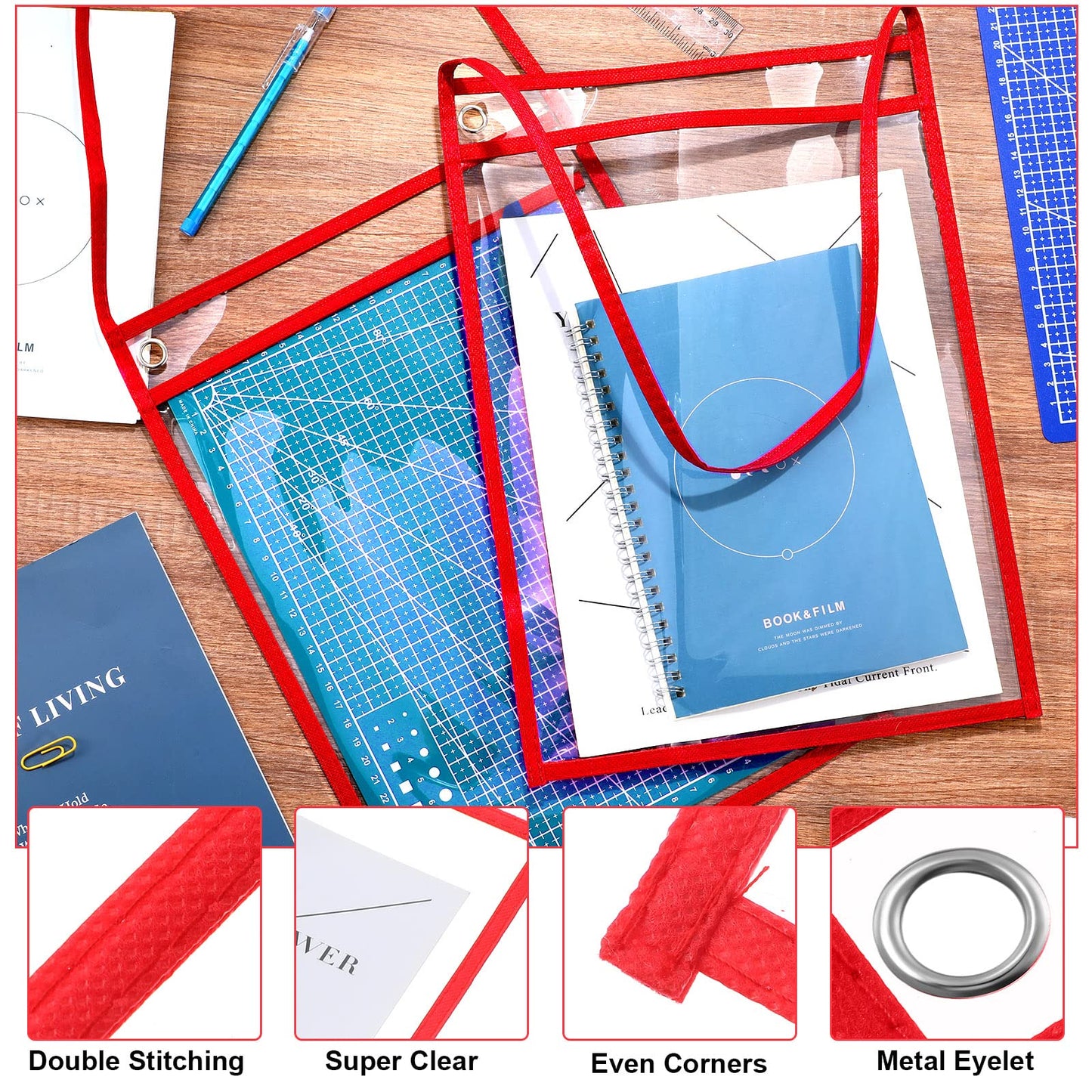 Epakh 30 Pack Office Products Shop Ticket Holders with Hanging Strap 9 x 12 Inches, Dry Erase Pockets, Job Ticket Holders, Both Sides Clear, Welcome to Work Order(Red)