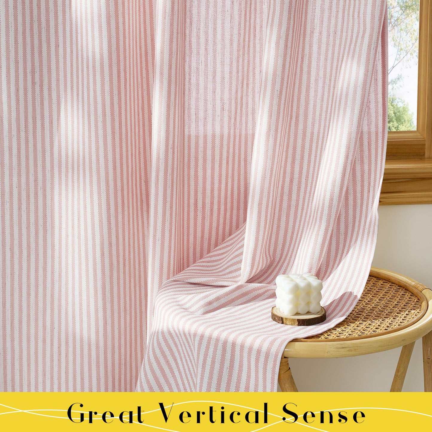 NICETOWN Pink Linen Curtains for Girls Room, Tie Top Stripe Pattern Light Filtering Semi Sheer Window Treatments DIY Crafted Privacy for Bedroom, W52 x L84, 2 Panels
