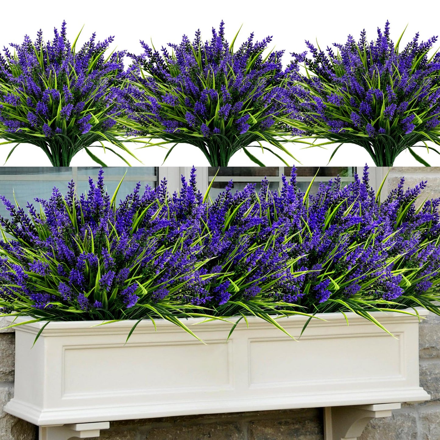 Geegoods Artificial Plants Flowers Outdoor – 48 Bundles UV Resistant Faux Lavender Flowers with Monkey Grass for Garden Porch Window Patio Hanging Planter Decor