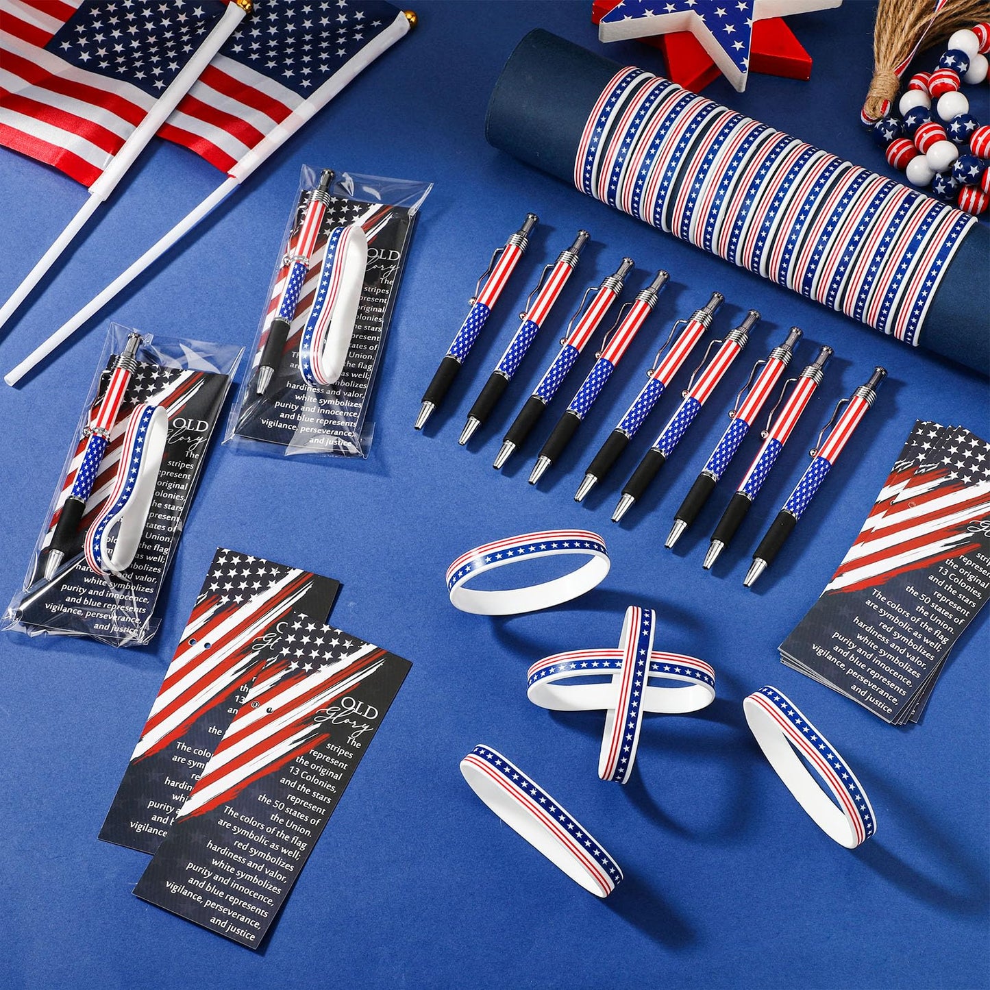 Sayglossy 60 Sets/180 Pcs 4th of July Party Favors 250th Anniversary Flag Ballpoint Pens Silicone Wristband Bookmarks Patriotic Souvenir for 1776-2026 Commemorative Memorial Veteran Independence