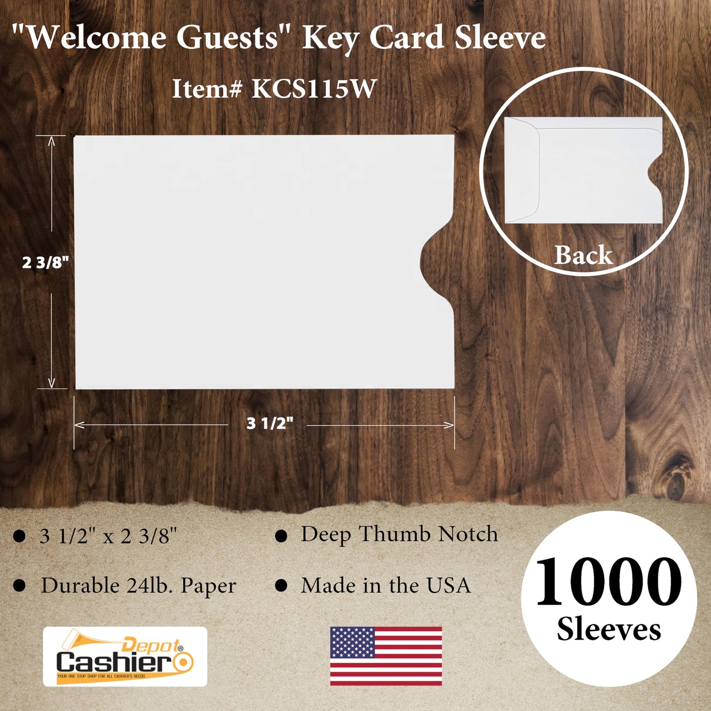 1000 Cashier Depot - Key Card Holders, Credit Card Protectors, White Paper Sleeves, 2-3/8 x 3-1/2 Inch, Sturdy 24lb. Paper, 1000 Count
