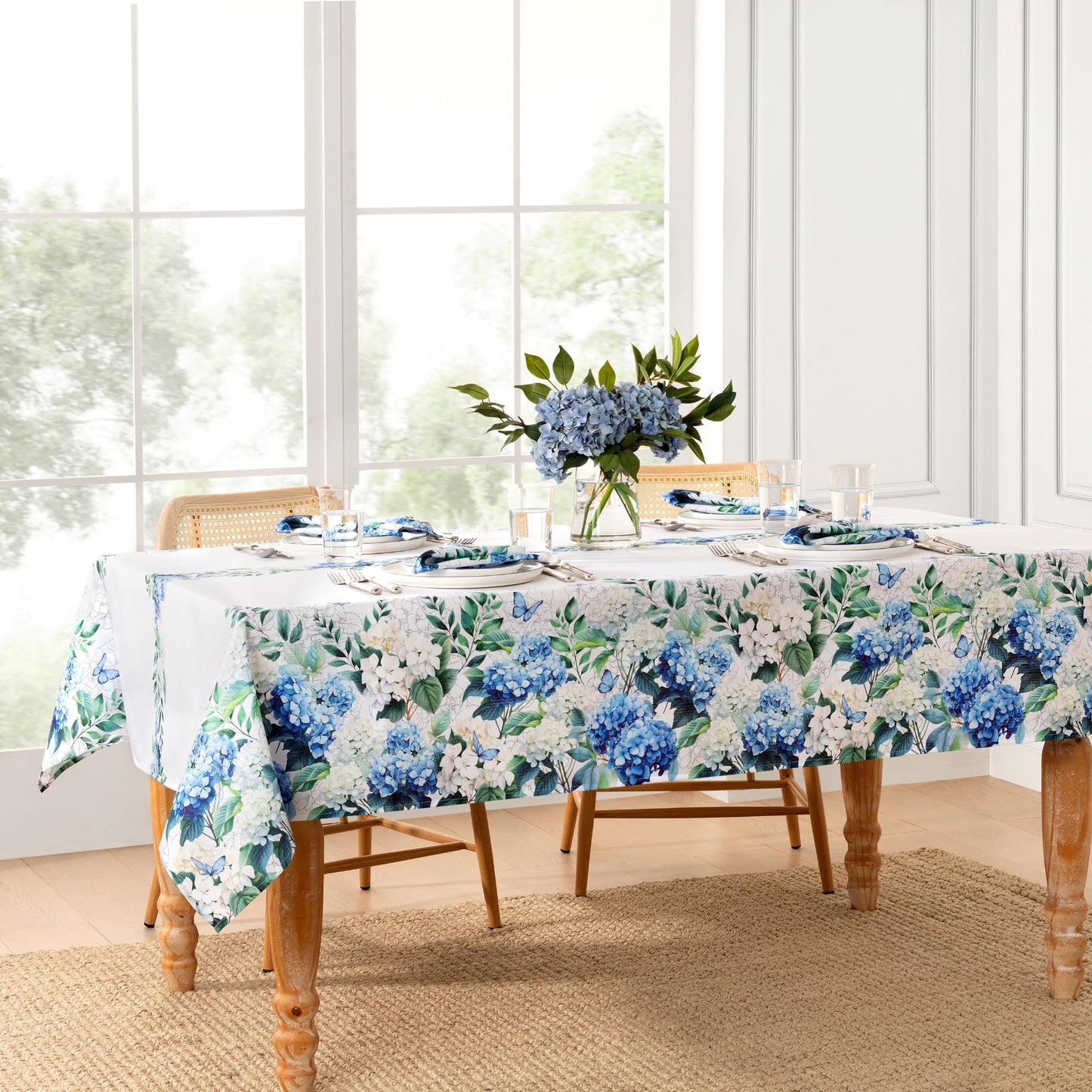 Elrene Home Fashions Hydrangea Bloom Floral Butterfly Double Border Spring/Summer Wrinkle Resistant Dining Tablecloth, 60"x102" Rectangle
