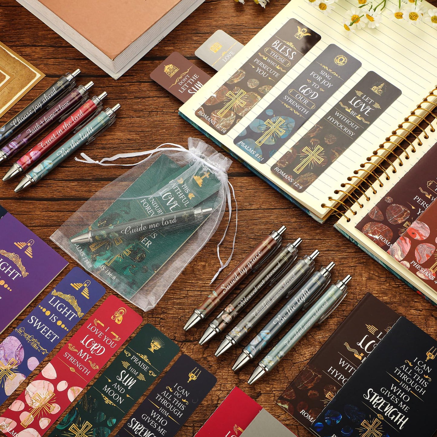Yeaqee 200 Pcs Bible Verse Christian Church Gift Bulk for Women Church Favors Sunday School Study Supplies Include 50 Bookmarks 50 Ballpoint Pens 50 Notebooks 50 Organza Bags(Stylish)