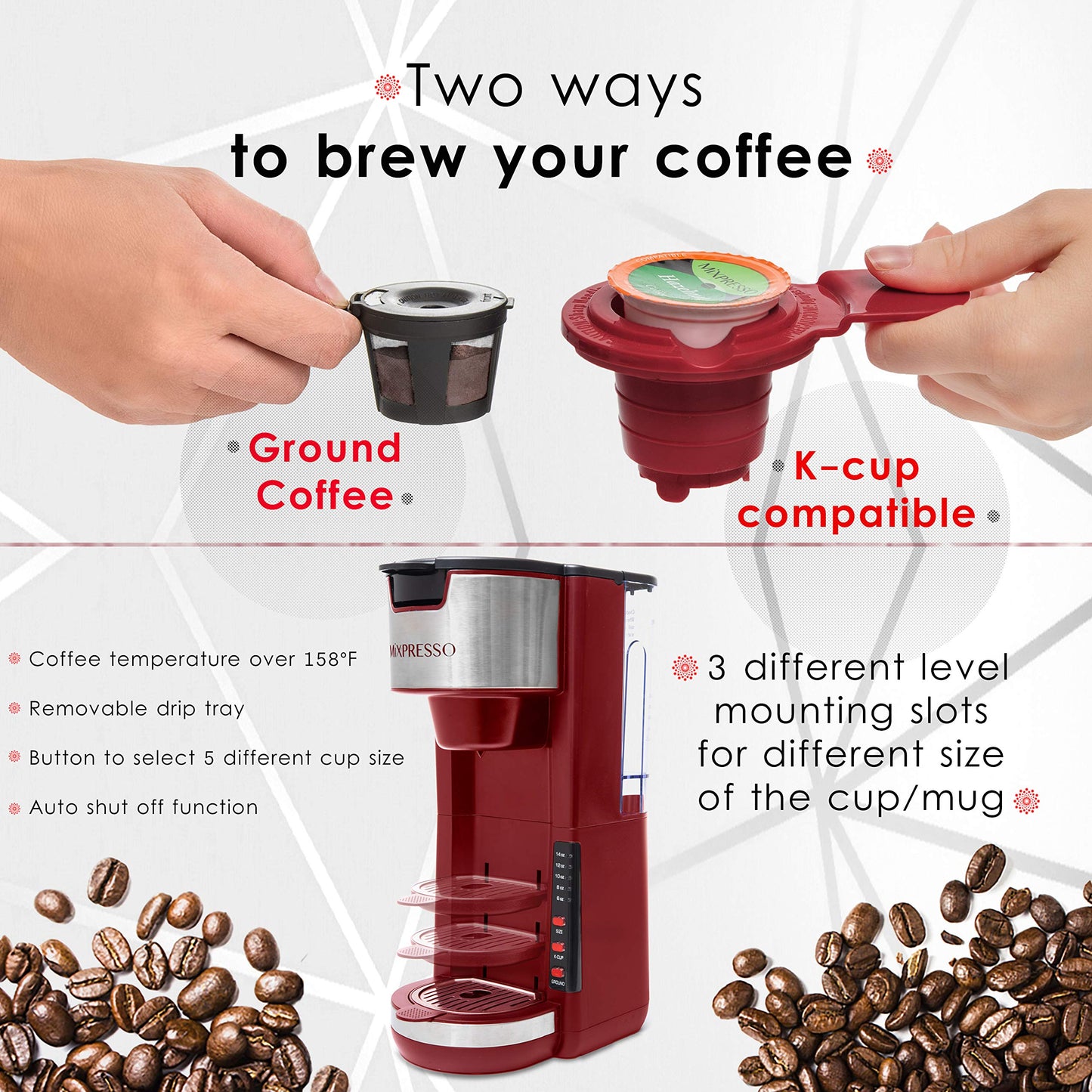 Mixpresso Red Single Serve Coffee Brewer K-Cup Pods Compatible & Ground, 30 oz Compact Coffee Maker Single Serve With 5 Brew Sizes Up To 14 Oz, Fits Travel Mug, Adjustable Drip Tray