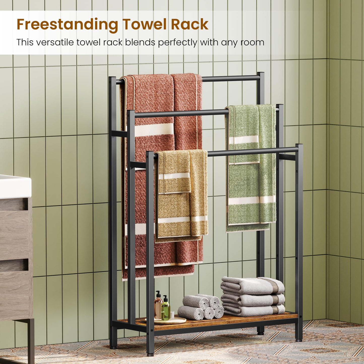 46" Extra Large Freestanding Towel Rack Stand for Bathroom, 3 Tier Blanket Ladder Holder, Outdoor Bath Towel Drying Rack with Shelf, Next to Tub or Shower, Quilt Rack, Rustic Brown and Black