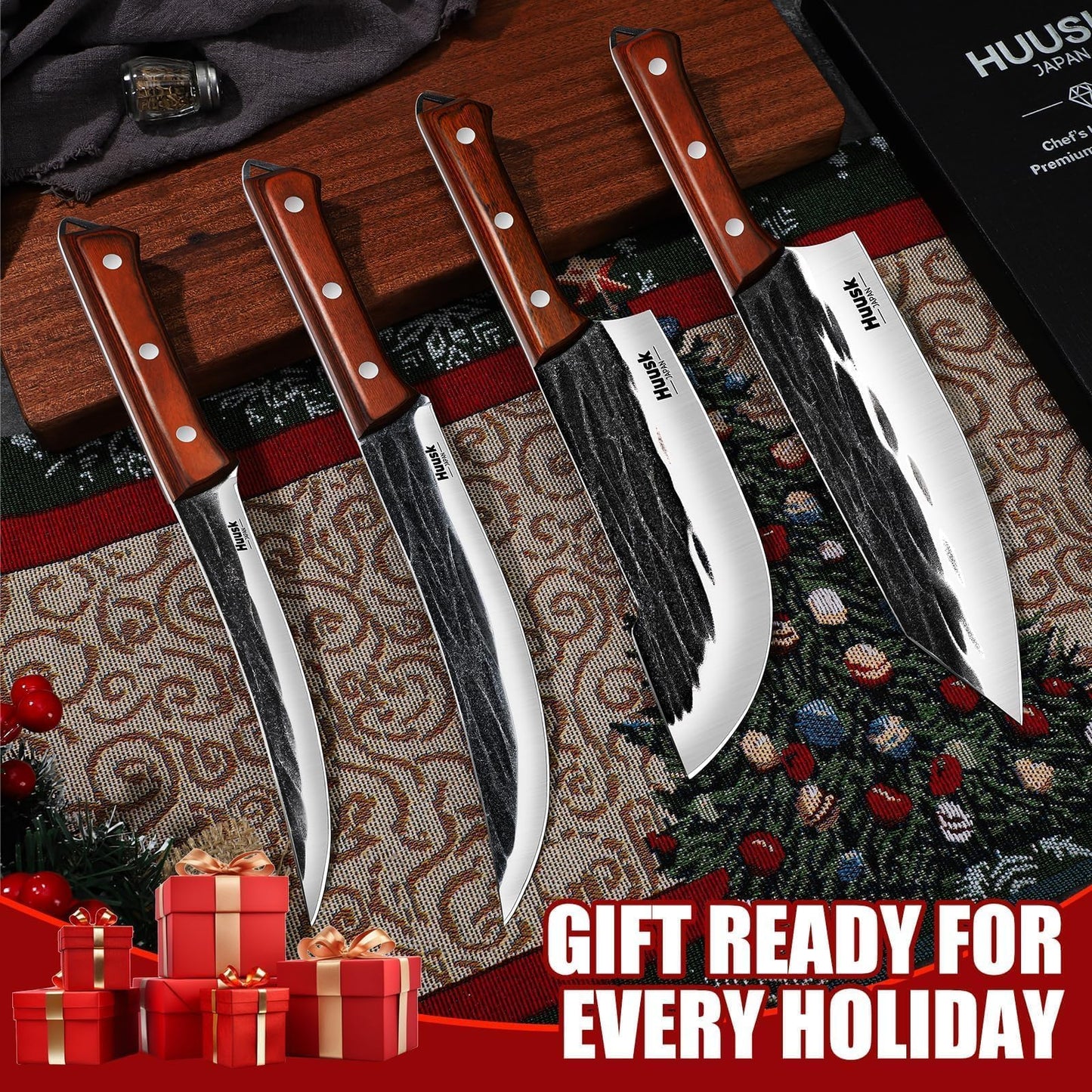 Huusk Butcher Knife Set, 4 PCS Hand Forged BBQ Knife Set for Meat Cutting, Sharp Meat Carving Breaking Knives with Ergonomic Handle, Gifts for Men Women