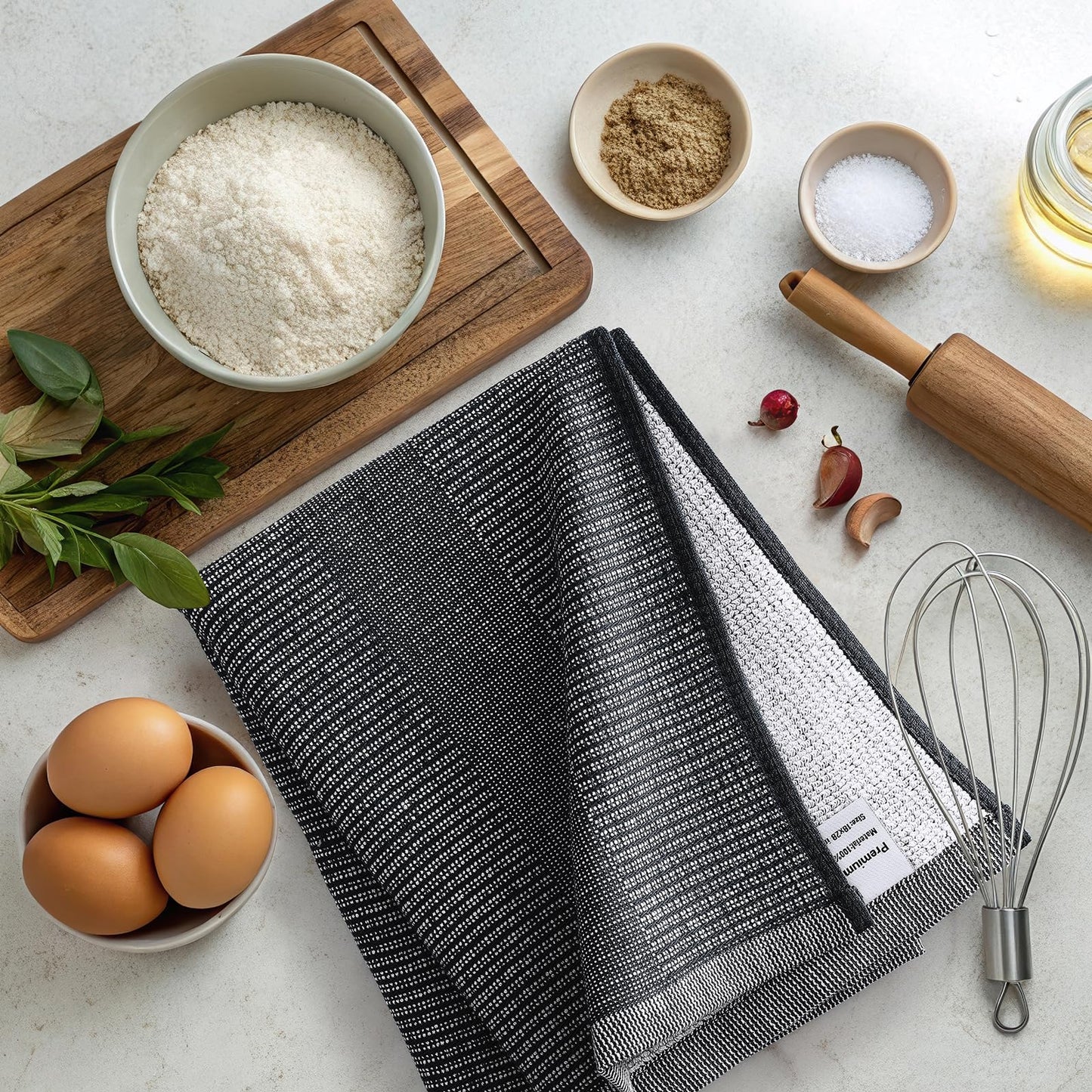 Mordimy Premium Kitchen Towels 6 Pack (18 x 28 Inches, Black), Large Cotton Kitchen Hand Towel, Flat & Terry Dish Towels for Drying Dishes, Super Absorbent Tea Dishtowels Set with Hanging Loop