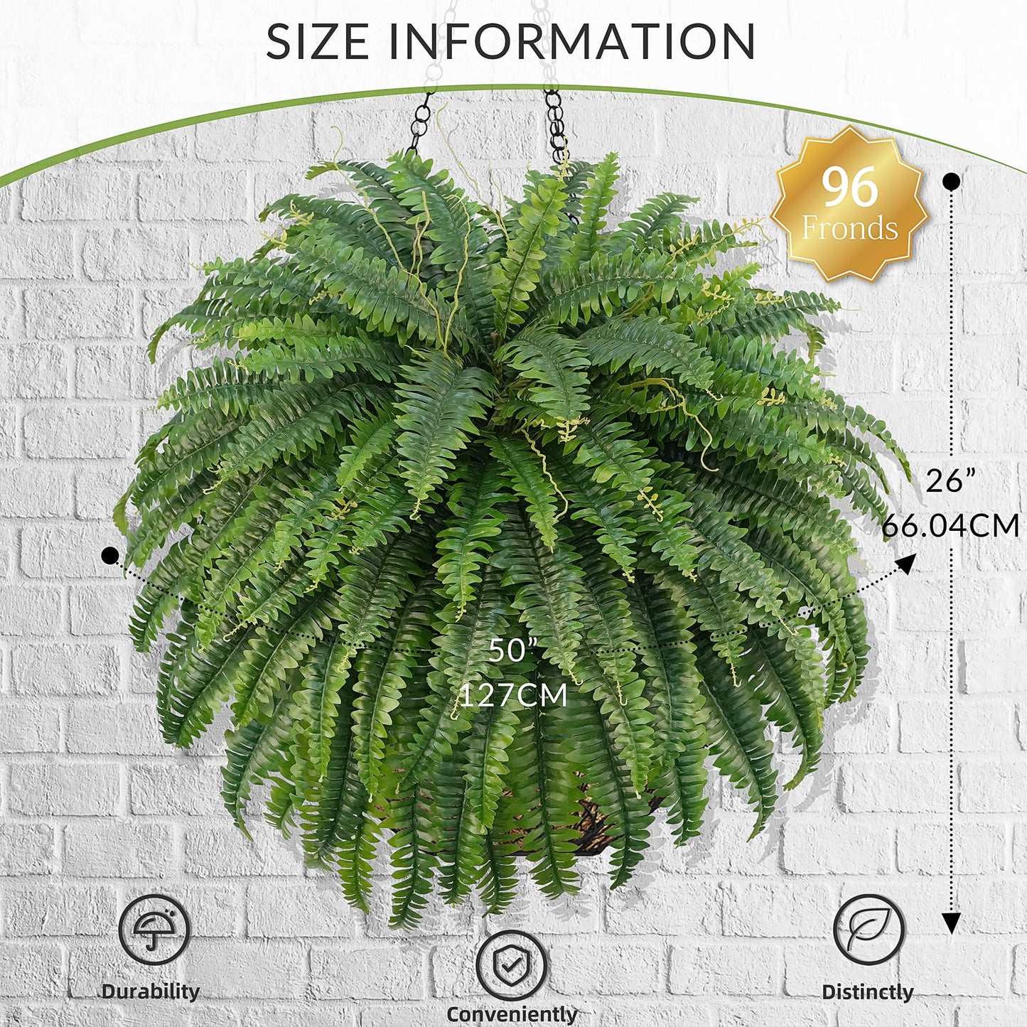 FOREST PRINCE 50" Artificial Boston Ferns, Fake Bush Plants, Large Faux Ferns with 96 Fronds for Outdoors Home Decor