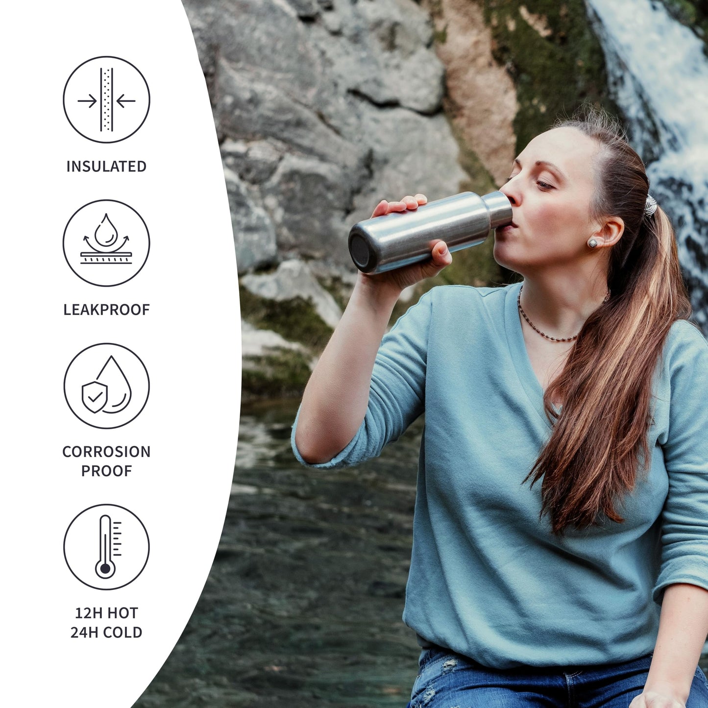 Bambaw Stainless Steel Insulated Water Bottle 32 oz, Stainless Steel Water Bottles 32 oz with Handle & Wide Mouth, Rust-Resistant Metal, Durable & Great for Travel (Natural Steel)