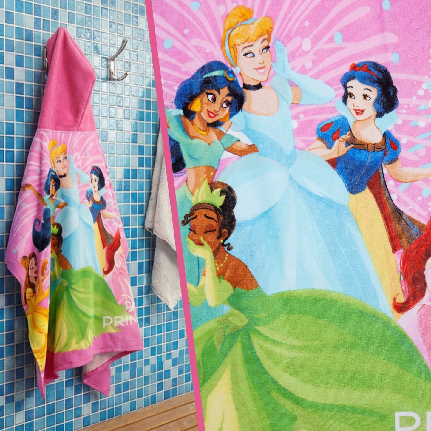 Disney Princess Bath Towels with Hood for Girls, Soft Absorbent Cotton Beach Towel, Swimming Pool Hooded Poncho, Shower Bath Cinderella Moana Rapunzel for Girls Ages 2-6 (Multi Princess)