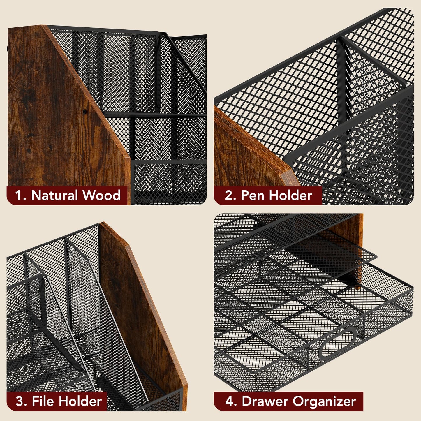 Homsorout Wooden Desk Organizer - Mesh File Organizer with Drawers and Pen Holder - 4-Tier Vertical Paper Letter Storage Tray, Desktop Organizers and Accessories for Home Office