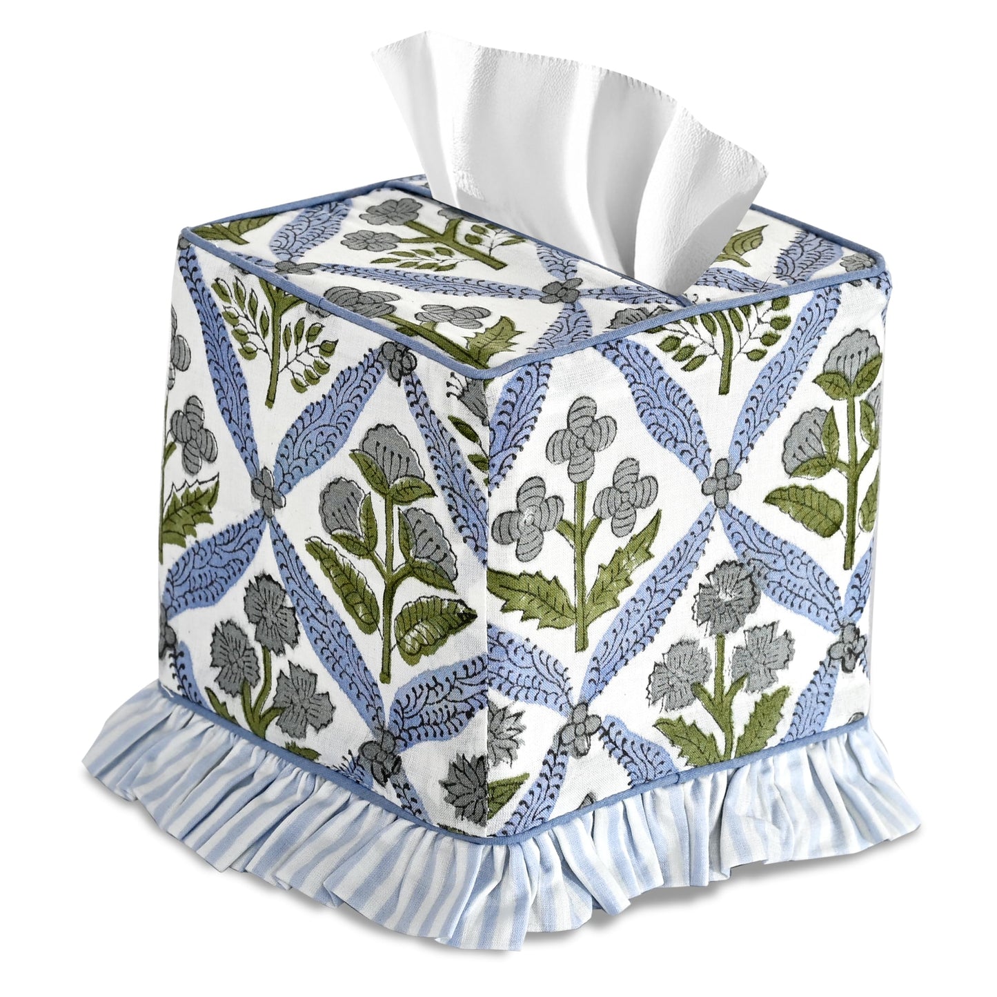Ridhi Light Steel Blue Block Print Ruffle Tissue Box Cover Handmade Cotton Decorative Square Napkin Holder for Home Bedroom Living Room Bathroom Vanity Countertop Car Office Kitchen