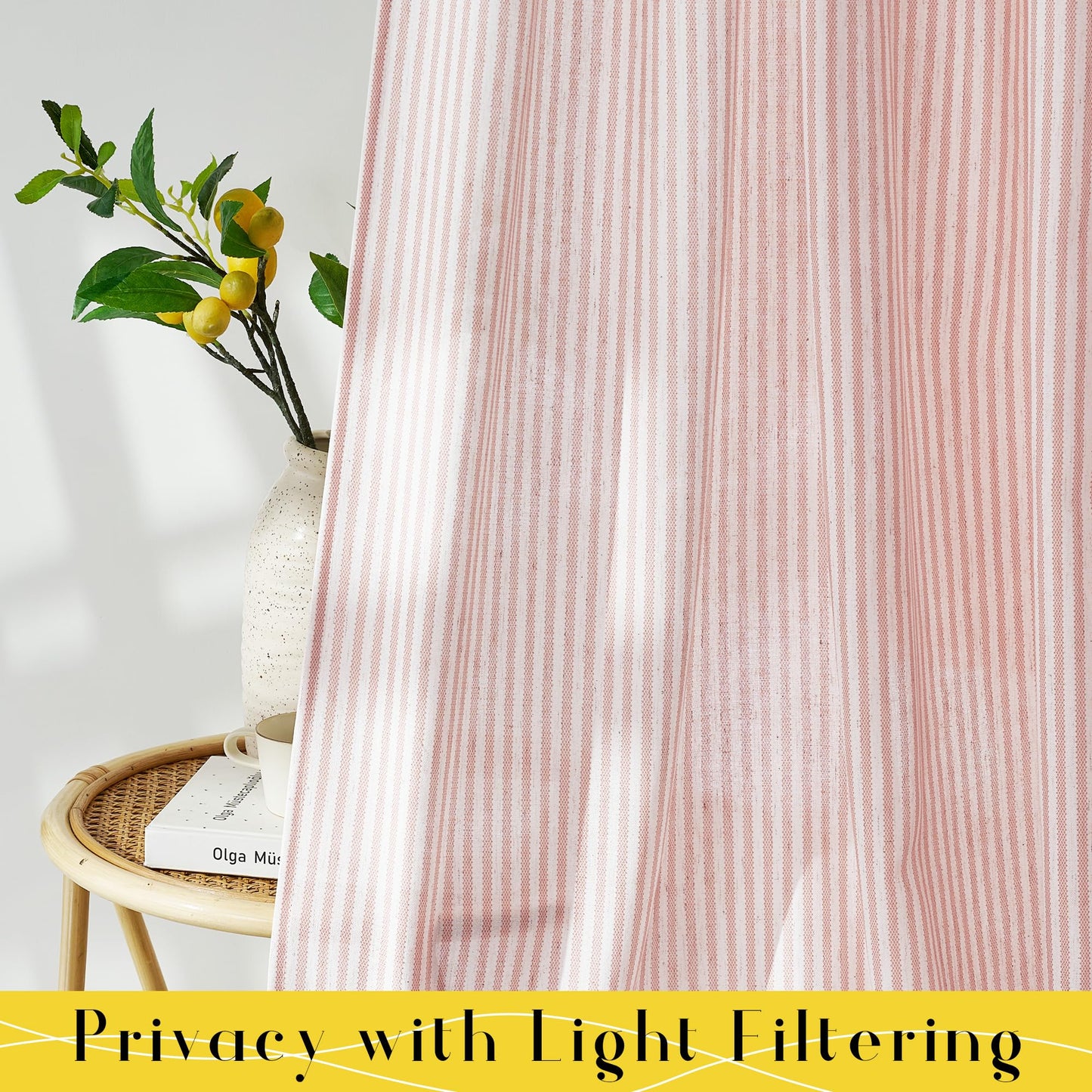 NICETOWN Pink Linen Curtains for Girls Room, Tie Top Stripe Pattern Light Filtering Semi Sheer Window Treatments DIY Crafted Privacy for Bedroom, W52 x L84, 2 Panels