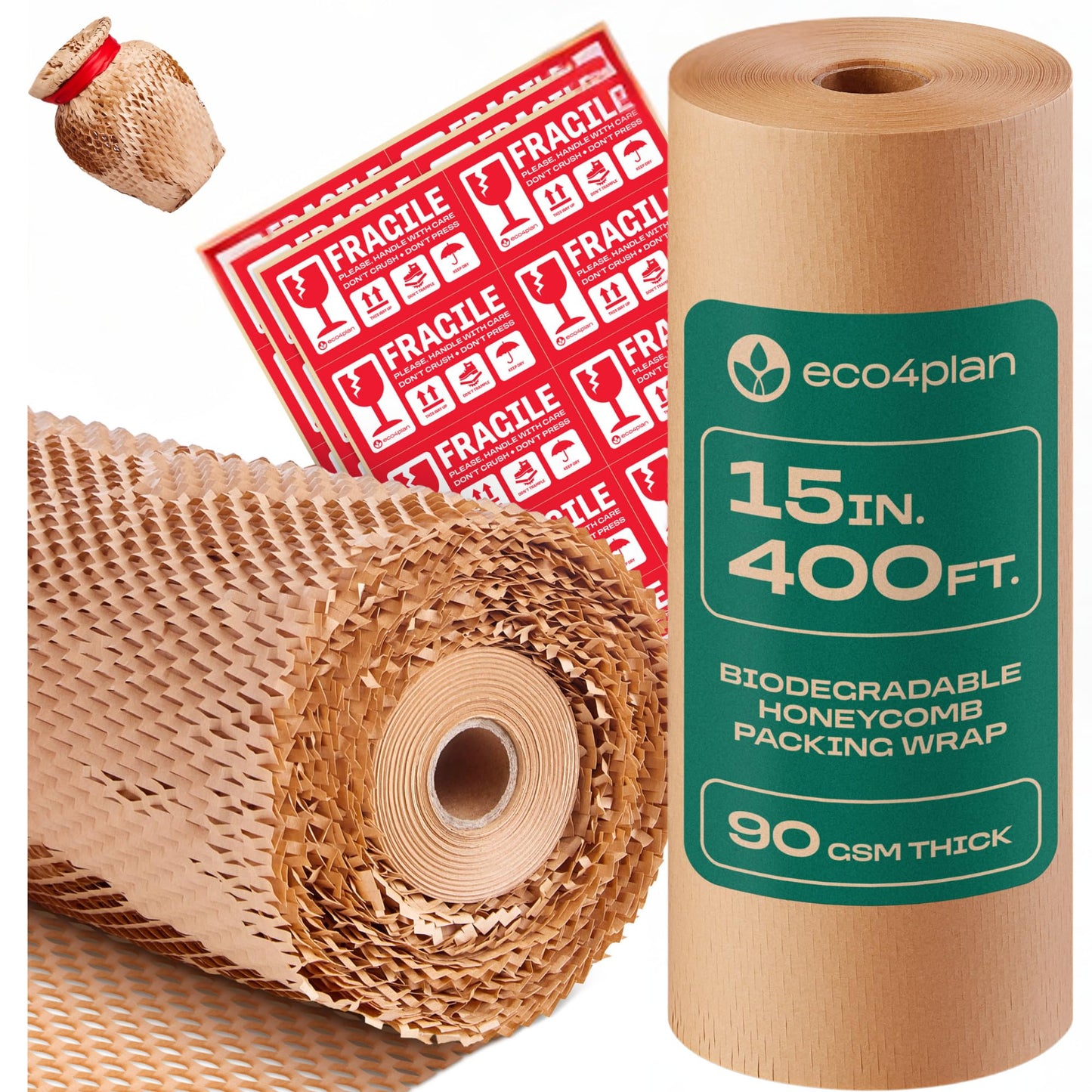 eco4plan Honeycomb Packing Paper | Extra Thick 90 GSM Packing Wrap | Biodegradable Packing Materials: 15” x 400’ Moving Paper + 30 Fragile Stickers | Paper Bubble Wrap/Packing Bubbles Substitute