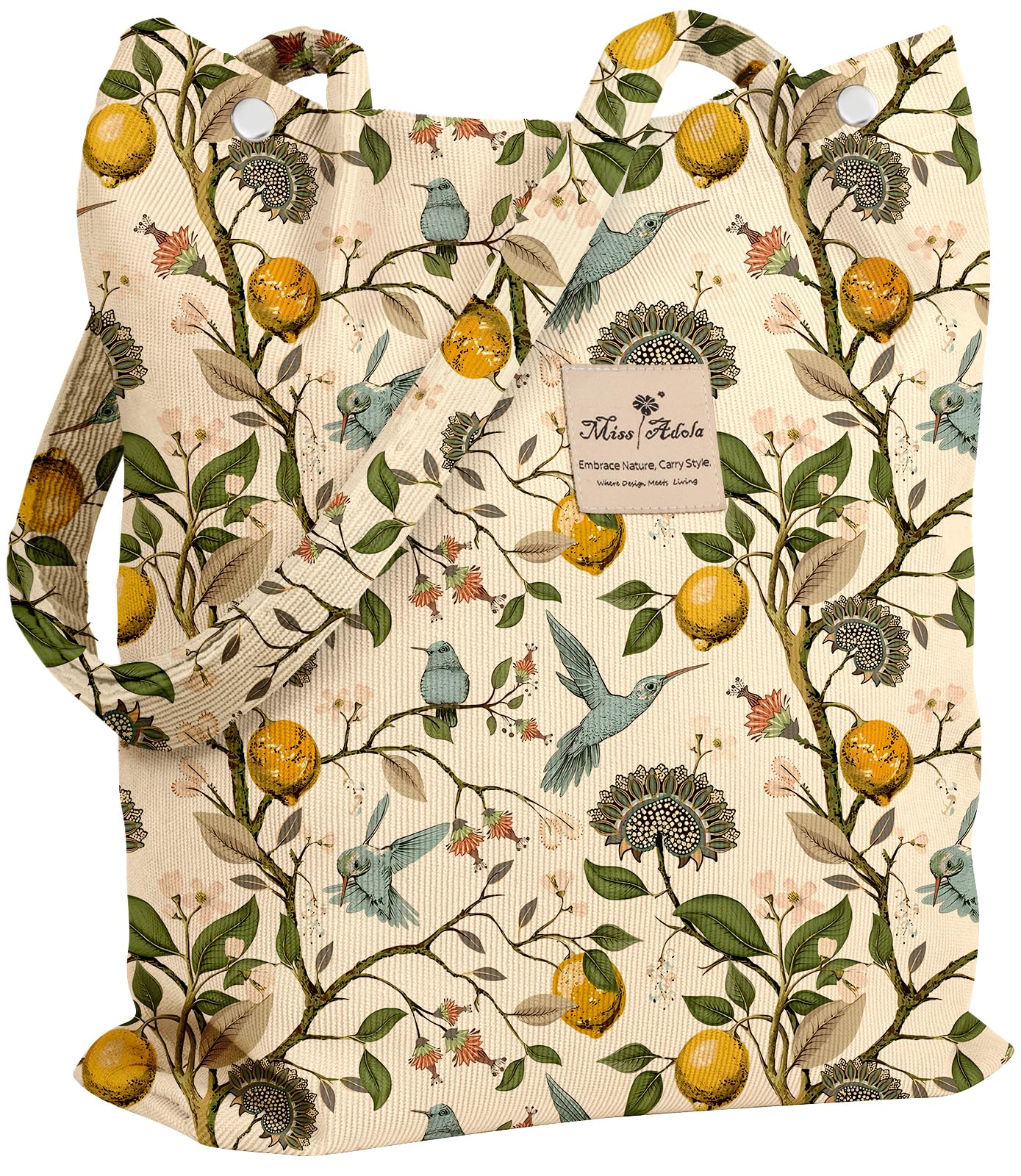 Miss Adola Corduroy Tote Bag for Women - Reusable Totes with Inner Pocket & Buckle Cute Aesthetic Design Cloth Shopping Grocery Shoulder Bag for Work Travel, Lemon Flower Bird