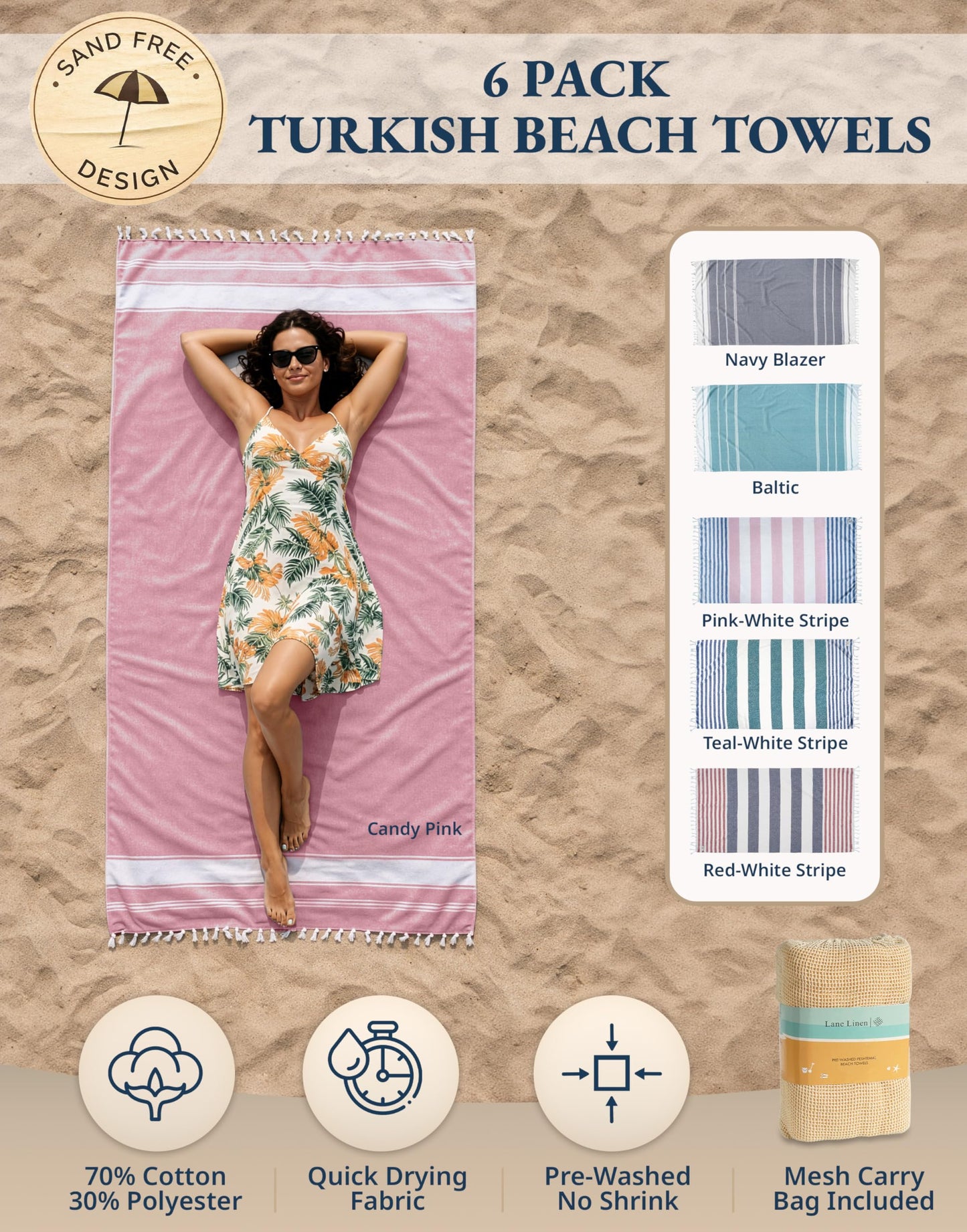 LANE LINEN Beach Towels 6 Pack - Oversized & Pre-Washed Large Beach Towel Set - Stylish Pool Towels for Adults, Quick Dry, Soft & Lightweight Lightweight Travel Towel Pack, 39"x71" - Coastal Harmony