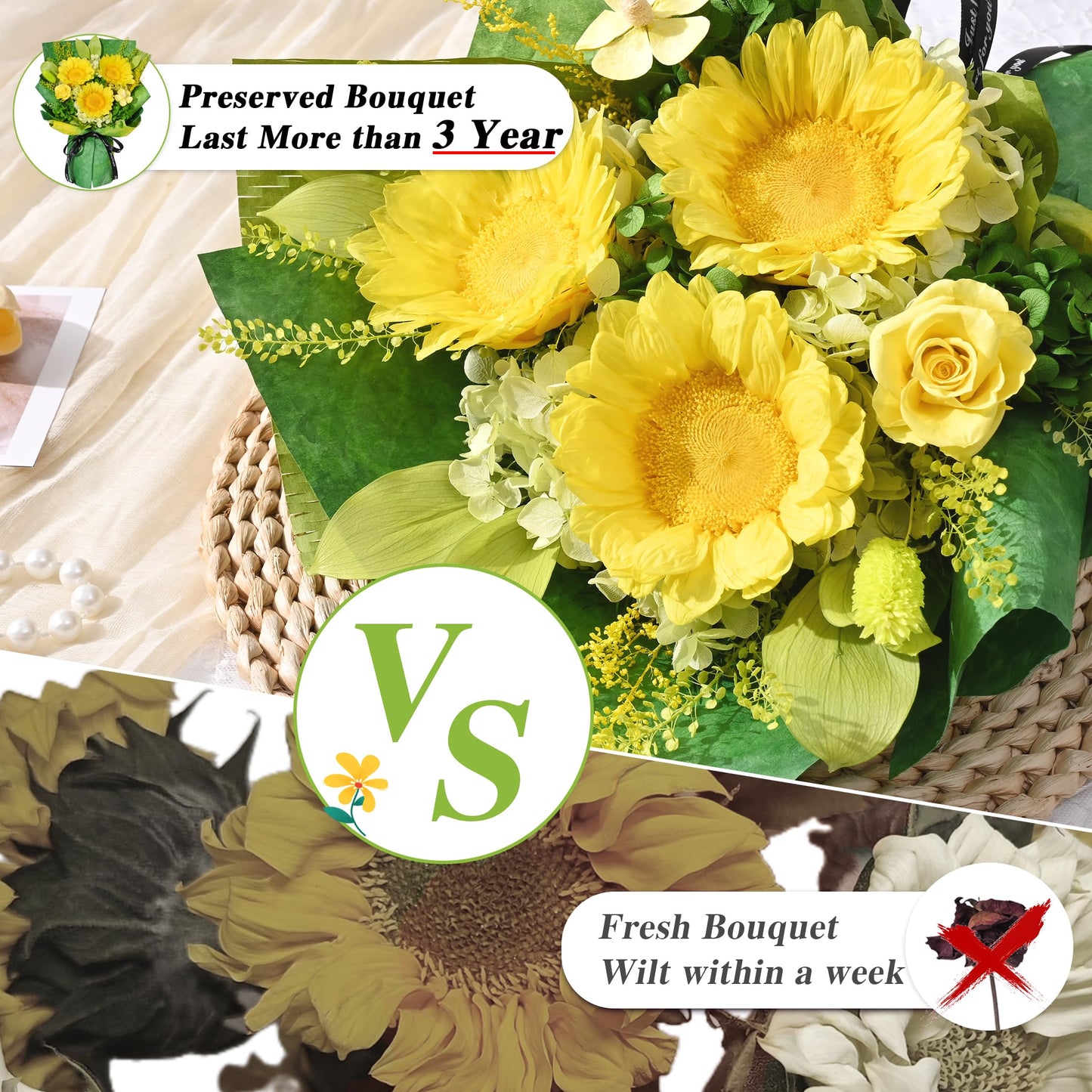 Waipfaru Preserved Flowers for Delivery Prime, Fresh Sunflower Bouquet with Gift Box, Forever Flowers for Women Mothers Day Birthday