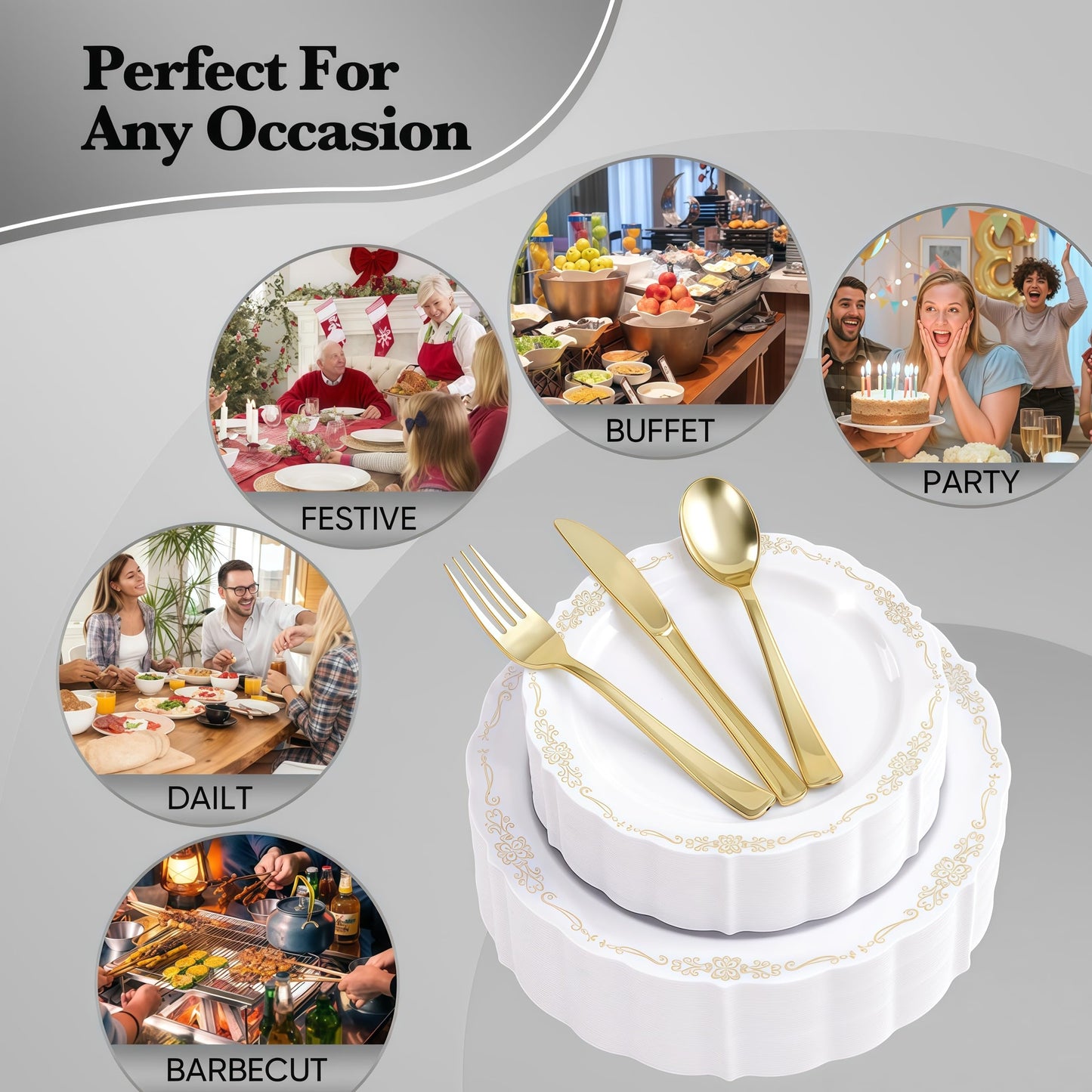 Fijinhom 350 PCS White and Gold Disposable Plates, Elegant Dinnerware Set for 50 Guests, 100 Plastic Plates, 150 Silverware, 50 Cups & 50 Paper Napkins, White and Gold
