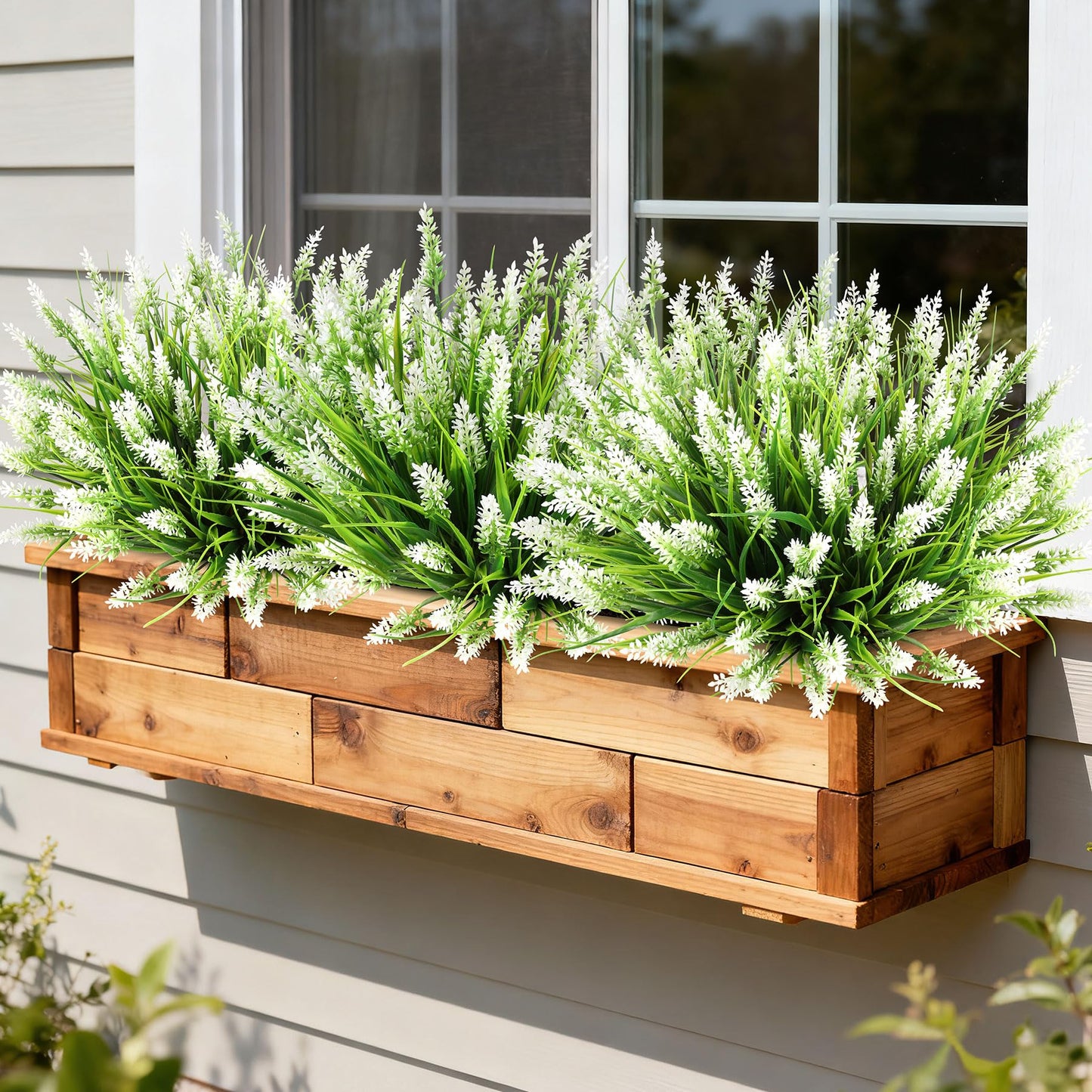 AmberFun 16 Bundles Artificial Plants Outdoor, UV Resistant Fake Lavender & Monkey Grass, Realistic Plastic Faux Plants for Balcony, Patio, Porch Greenery Decor, Planter Filler(White)