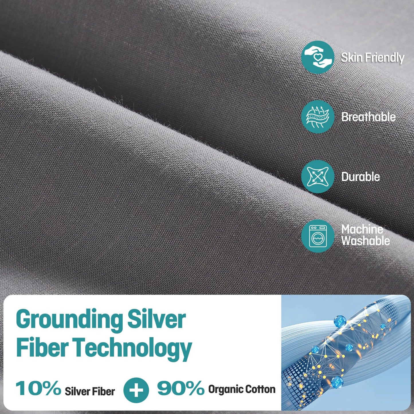 Grounding Fitted Sheets Full Size, Grounding Sheets Full with 10% Silver Fiber, 15'' Deep Pocket Grounded Fitted Bed Sheets for Better Sleep & Wellness, 54"x75"x15", Gray