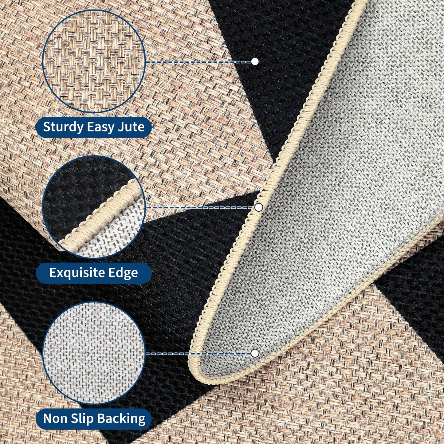 GarveeHome Checkered Easy Jute 5x7 Area Rugs for Living Room Machine Washable Non-Slip Backing Stain Resistant Modern Indoor Outdoor Rugs for Farmhouse Dining Room Patio Black