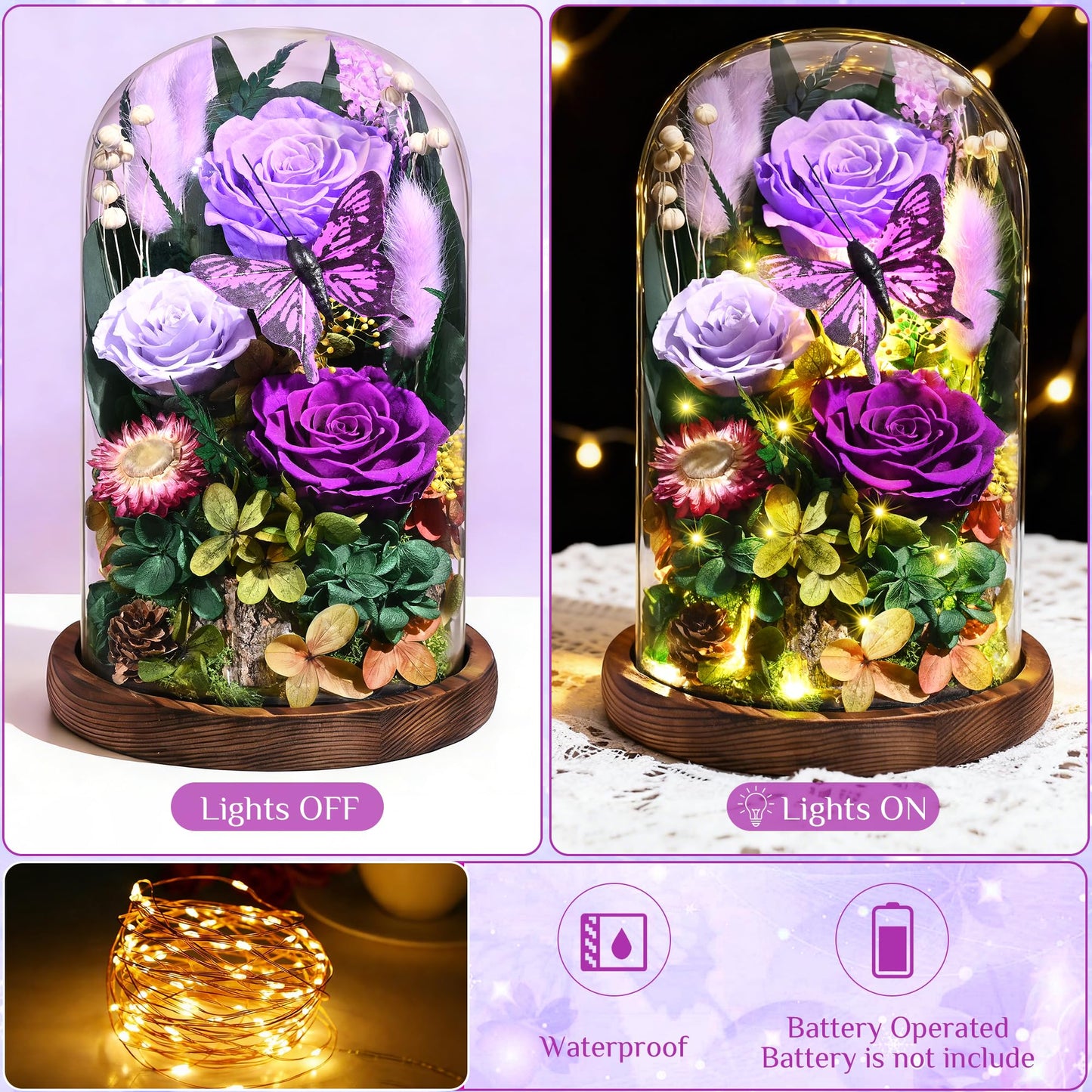 Yastouay Gifts for Mom Mothers Day Birthday Gifts for Women, Forever Rose Flowers for Delivery, Purple Preserved Roses Flowers in Glass Dome with Light Gift Box for Mom Her Women Wife Anniversary