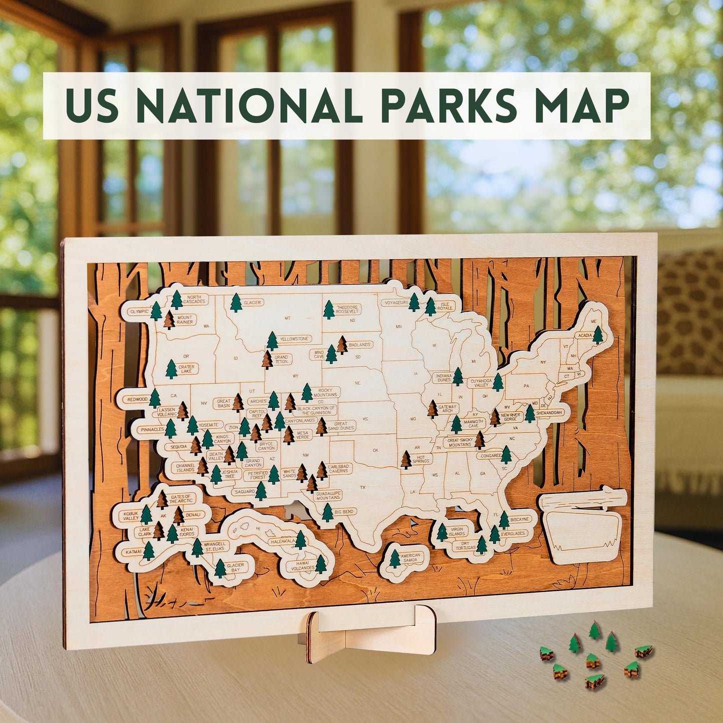National Parks Map – USA Travel Tracker with Checklist, Pins & Stickers – Adventure Gift for Park Lovers, Couples & Families, Bucket List Wall Art Decor