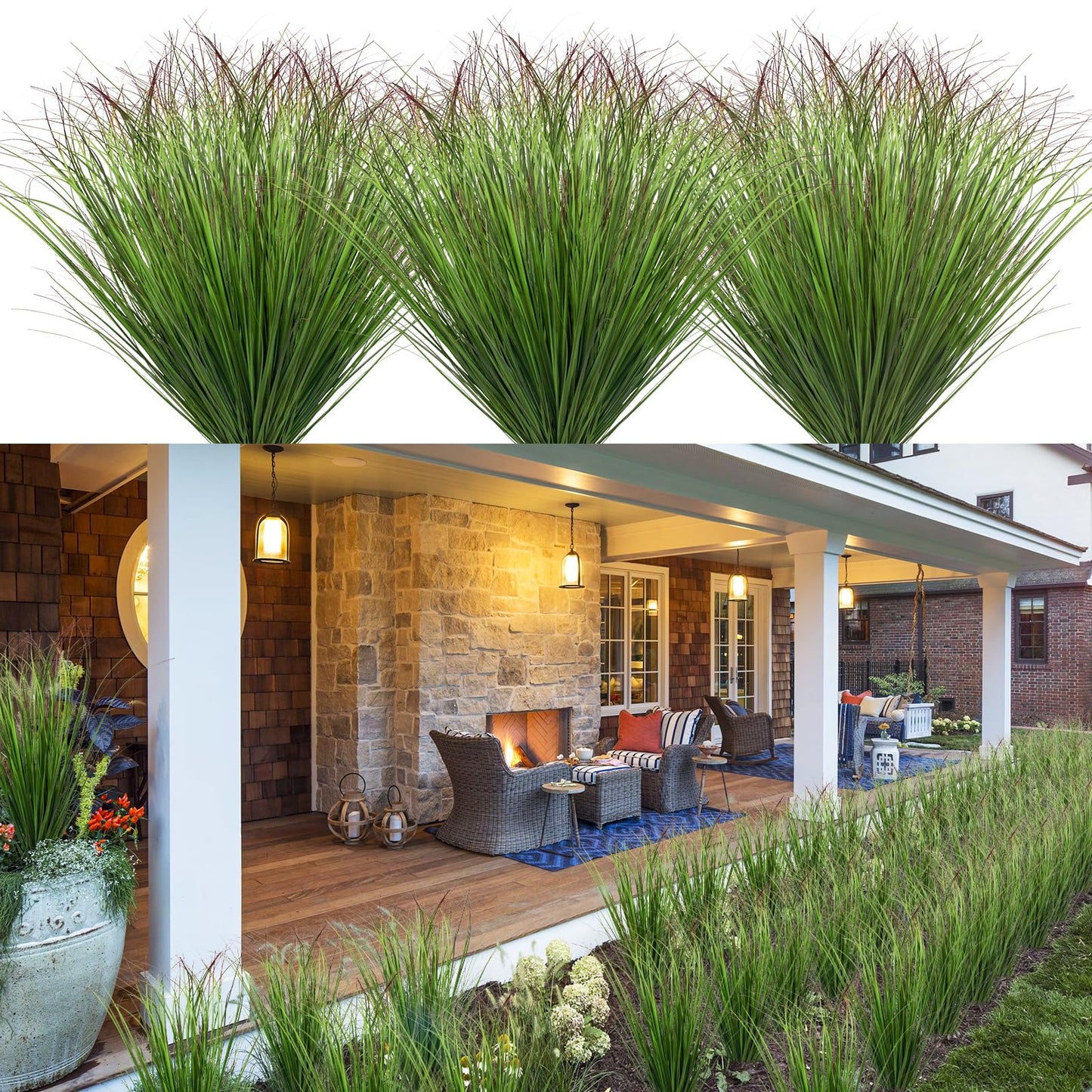 LUZOGA 100Pcs Artificial Grass Plants Outdoor Faux Shrubs Wheat Grass Green Onion Grass Artificial Greenery Tall Stems for Indoor Outdoor Office Home Decor（Green Red Tail）
