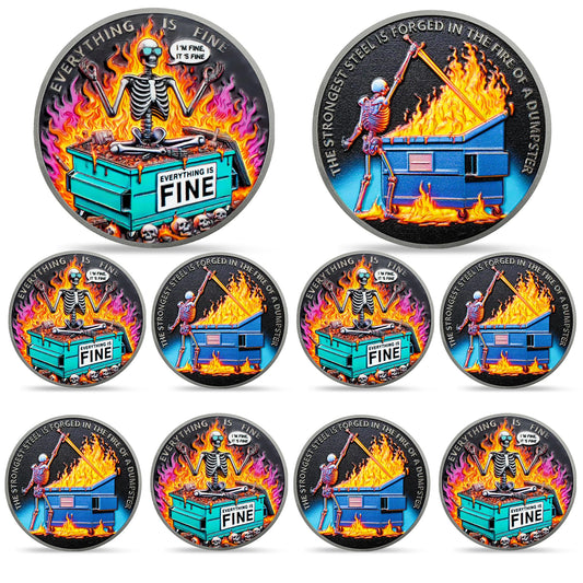 10pcs Colorful Skull Dumpster Fire Challenge Coin - The Strongest Steel is Forged Dumpster Fire Coin - Funny Desk Accessories for Work - Hilarious Coworker Go Away Token - Inspirational Gifts for All