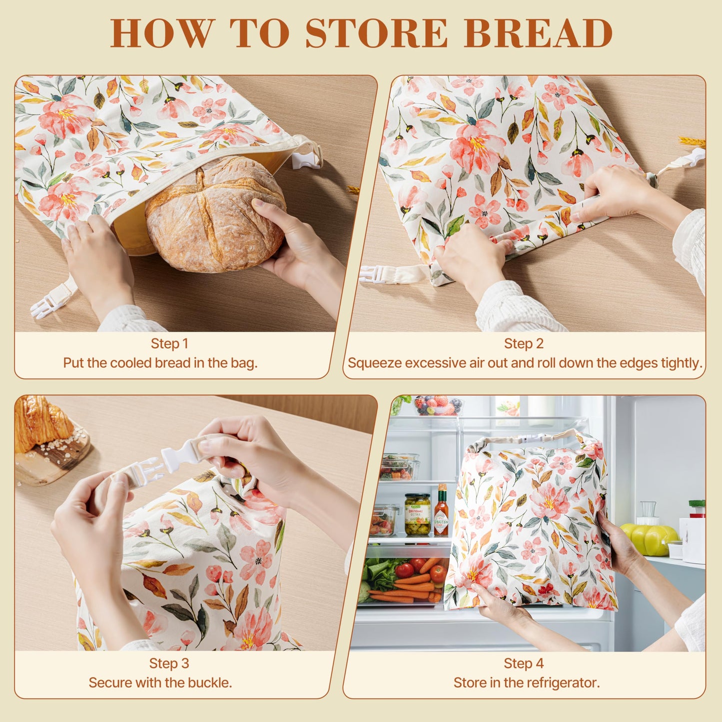Augine Beeswax Bread Bag, 2 Pack Sourdough Bread Bags, Reusable Bread Bags for Homemade Bread, Organic Cotton Beeswax Sourdough Bags, Wildwood Bloom Series