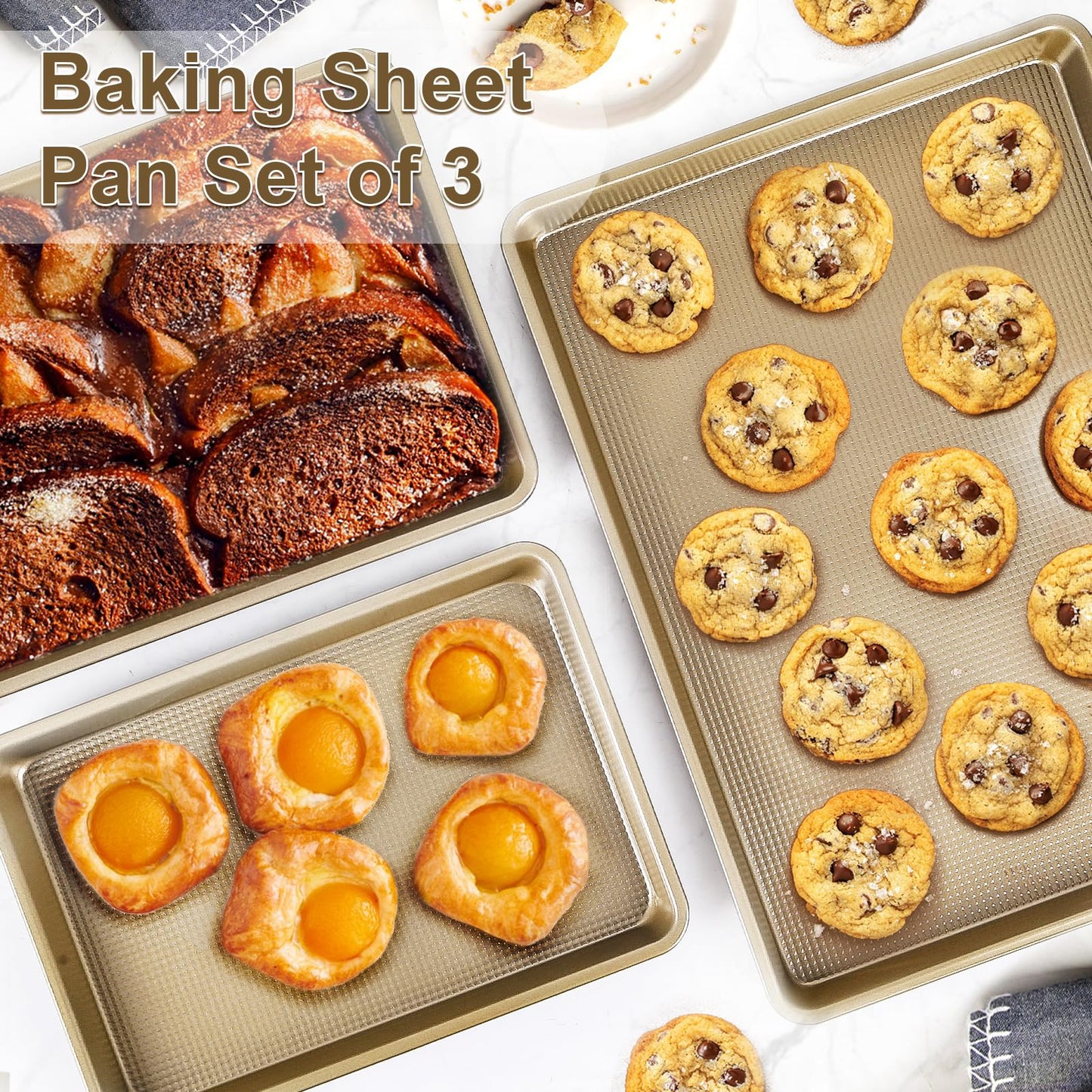 FLAREFX Baking Sheet Pan Set of 3 | Nonstick Cookie Sheets for Baking Supplies | No Rust & No Toxic Carbon Steel Half Sheet Pan+Jelly Roll Pan+Quarter Sheet Pan Set | Heavy Duty Baking Tray for Oven