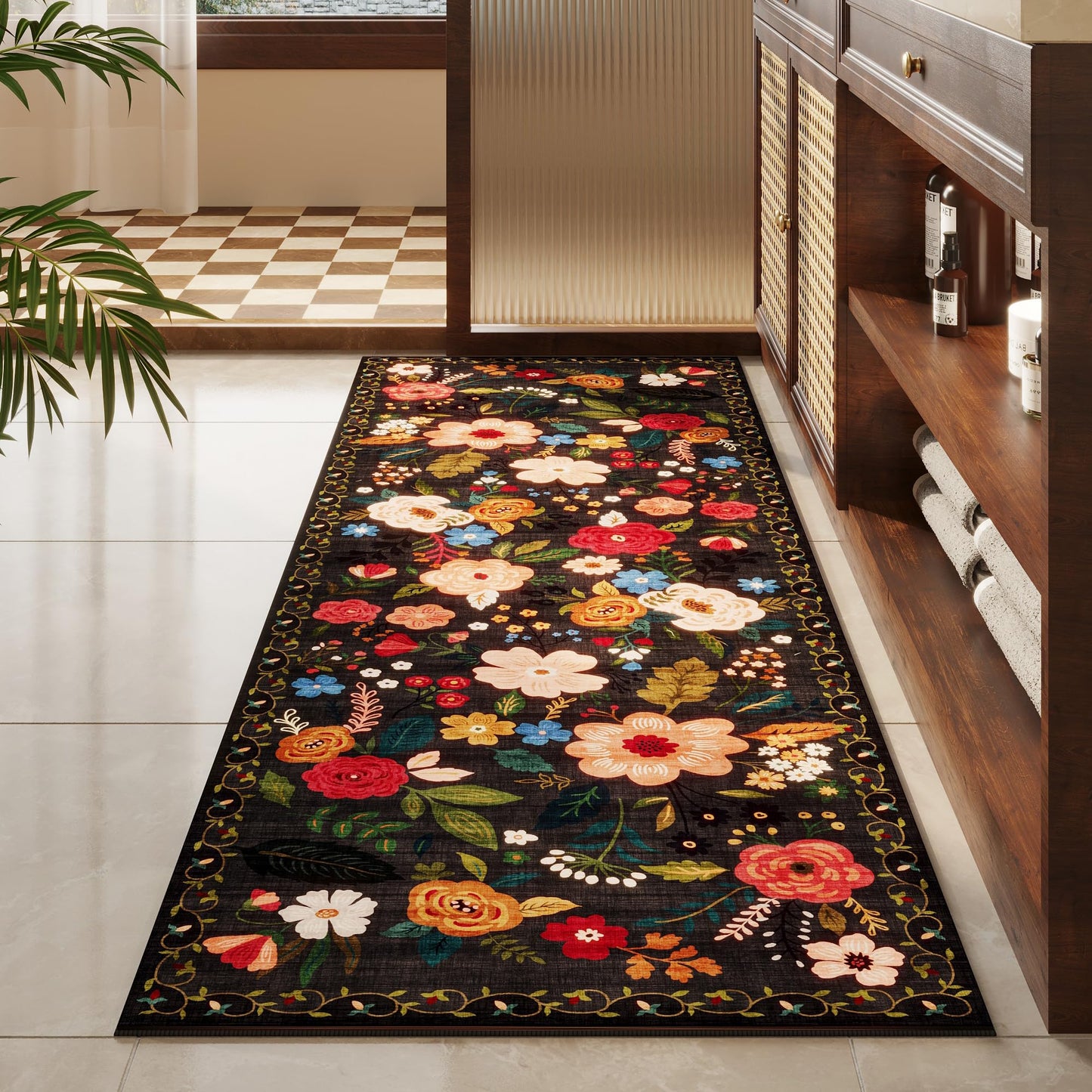 Rugcomf Runner Rug for Hallways Kitchen Rug Non Slip 2'x 6' Washable Runner Rugs with Rubber Backing Soft Floral Carpet Runner for Hallways, Kitchen, Laundry, Bedroom, Bathroom(Black)