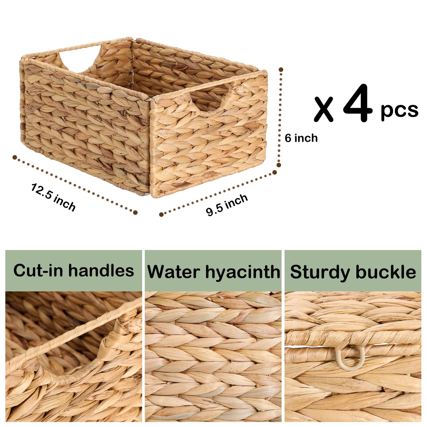 Water Hyacinth Pantry Baskets Set of 4, 12.5 x 9.5 x 6in Hanging Wicker Storage Baskets for Shelves, Pantry Baskets, Bathroom Shelves Storage Basket
