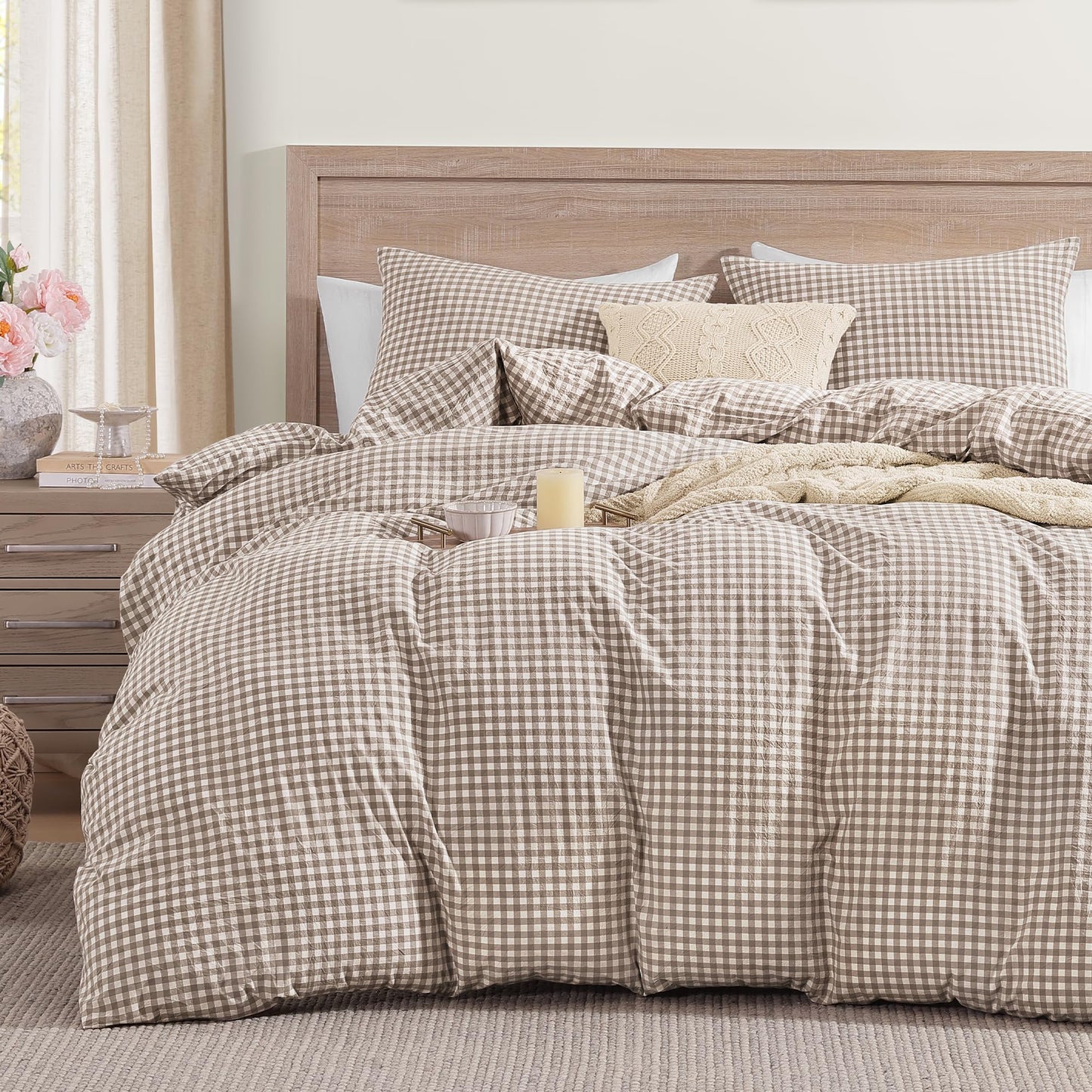 Andency Tan Gingham Duvet Cover King, 100% Wash Cotton Linen Like Textured Breathable Comforter Cover Set, 3 Piece Brown Classic Yarn-Dyed Checkered Plaid Bedding Set, 104"*90"