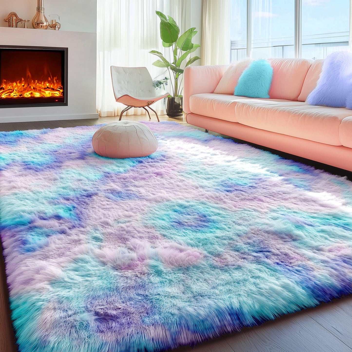 PAGISOFE Soft Purple Rainbow Rugs for Living Room,Fluffy 5x7 Area Rug, Plush Adorable Kawaii Rug for Bedroom Kids Room Baby Nursery,Girls Room Decor Mermaid Rugs Fuzzy Fur Pastel Carpet,Cozy Cloud Rug