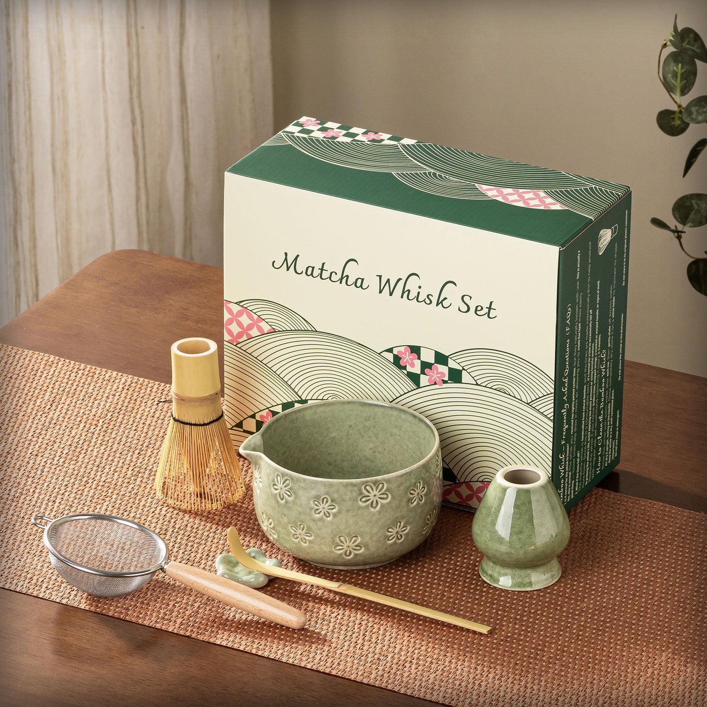 Veraelle Matcha Whisk Set, Ceramic Matcha Set, 6 Pcs Matcha Kit Includes Matcha Bowl, Matcha Whisk with Holder, Bamboo Scoop, Scoop Rest, Sifter, Ceremonial Matcha Tea Set, Perfect Gifts, Green