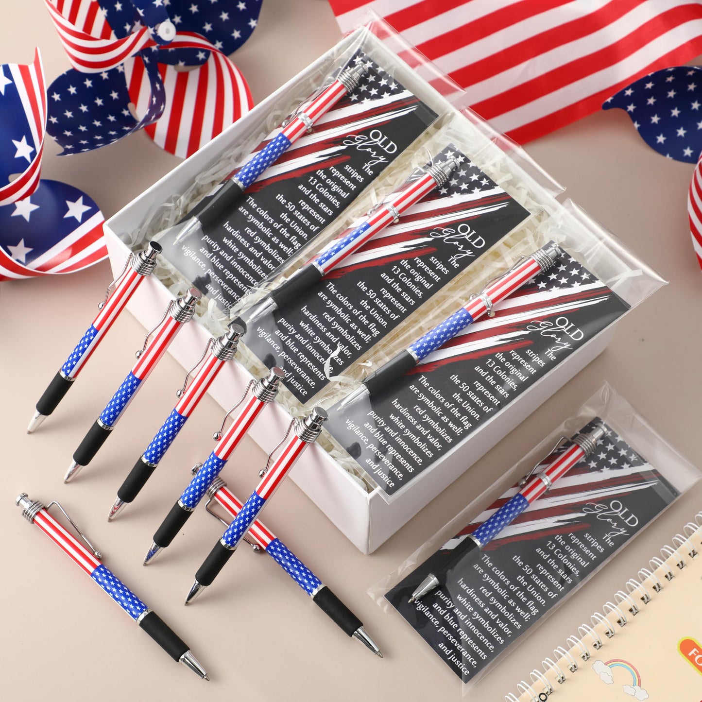 Motiskyy 100 Sets Patriotic Memorial Day Gifts American Flag Ballpoint Pens Bulk 4th of July Pen with Bookmarks 250th Anniversary Party Favors for Independence Day Veterans Souvenirs Decoration