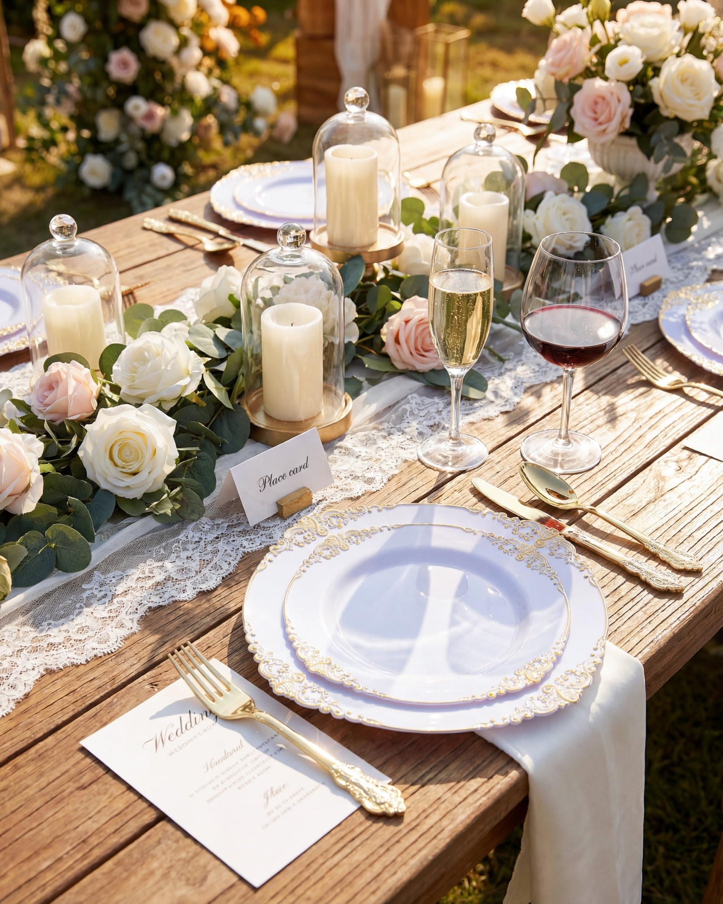 Nervure 350PCS Gold Plastic Dinnerware - White and Gold Disposable Plates for 50 Guests - 100 White Disposable Plates, 150 Plastic Silverware, 50 Cups, 50 Napkins for Wedding & Party & Graduation