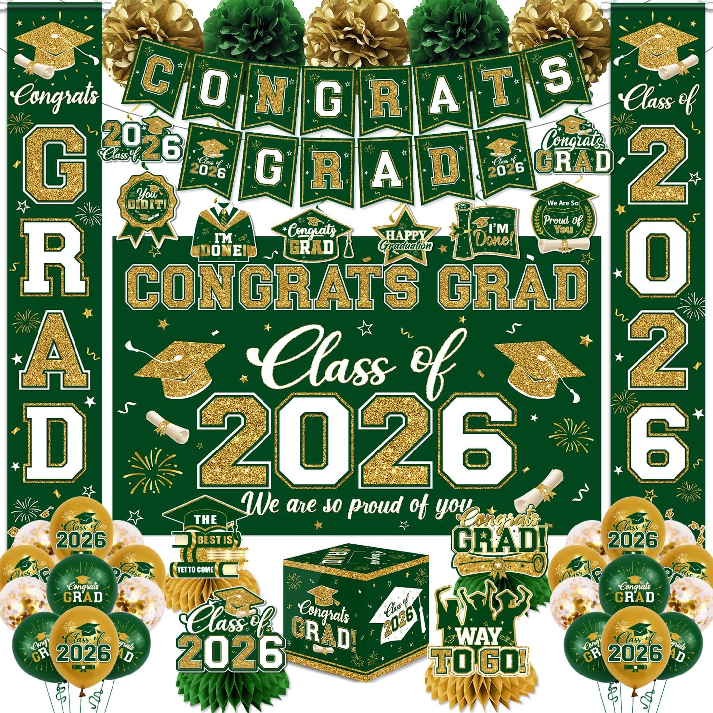 Green and Gold Graduation Decorations 2026 Set, All-in-1 Kit with Congrats Grad Banner Class of 2026 Backdrop Porch Sign Balloons Centerpieces Card Box Pom Poms Streamers for College High School