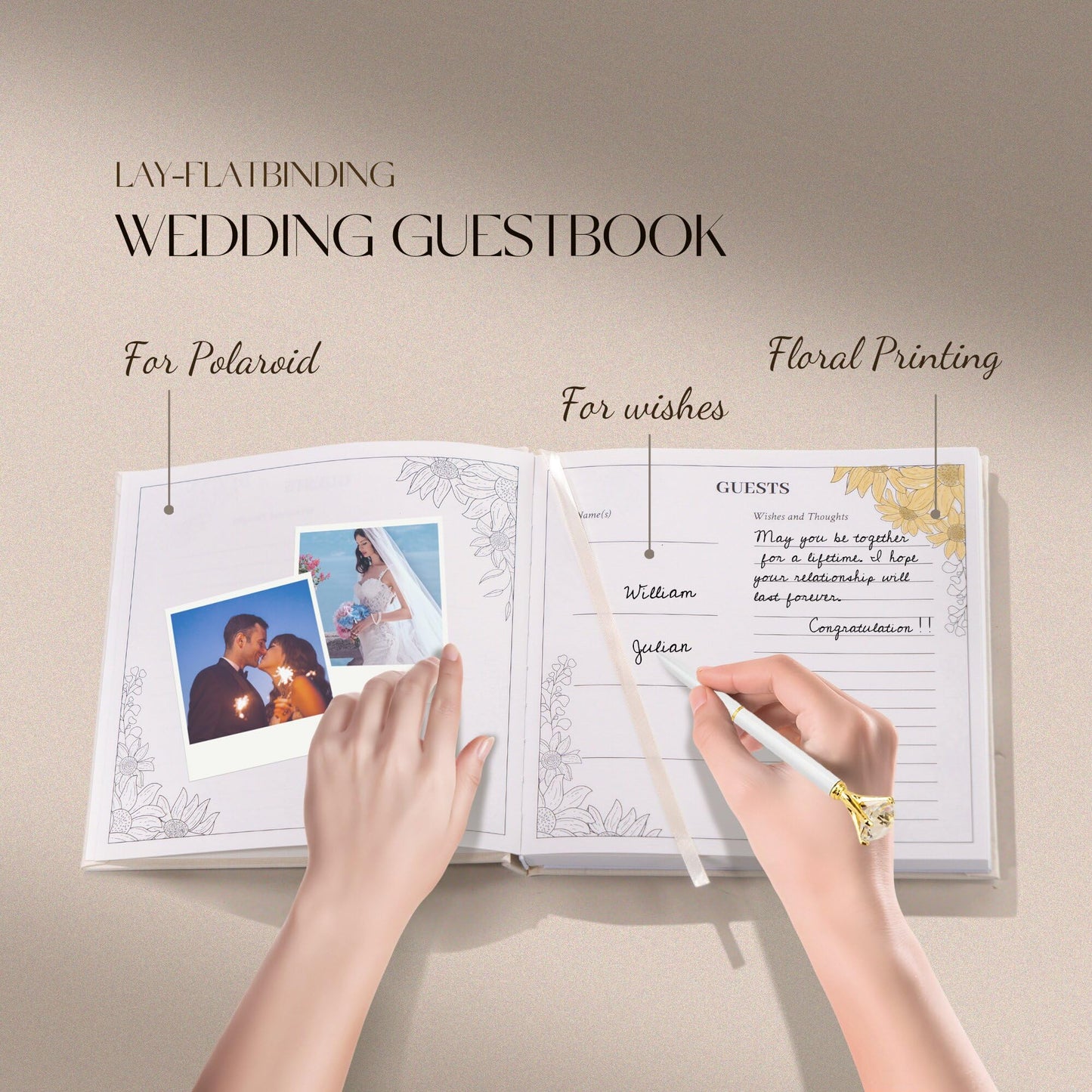 Gatyko Embroidered Wedding Guest Book—The Perfect Polaroid Guest Book for Wedding Receptions， Birthdays, Baby Showers, and Special Events with 3 Photo Corner Stickers+ 3 DIY pens+1 Diamond Pen(Cream)