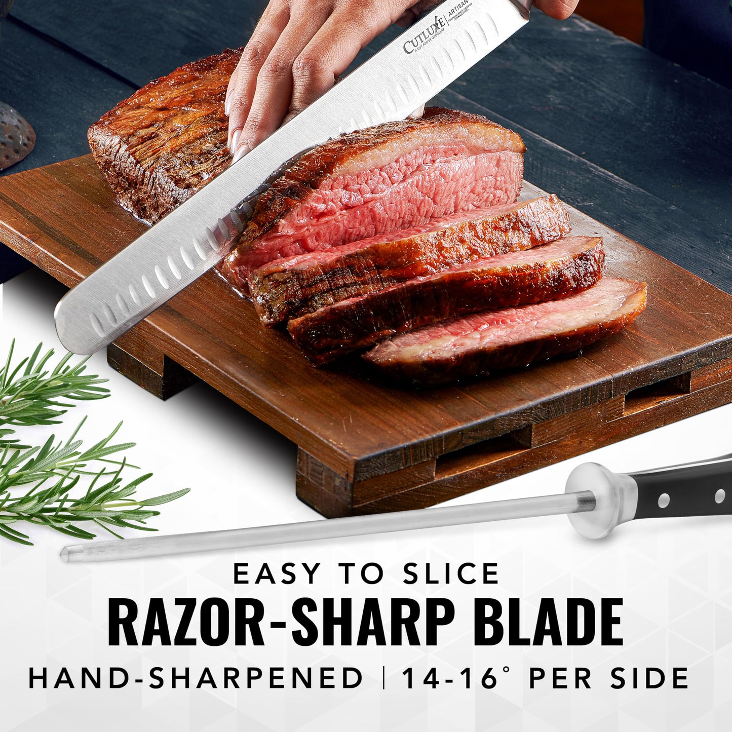 Cutluxe BBQ Knife Carving Set – 12" Brisket Knife & 10" Honing Rod, Butcher Knife Set for Meat Cutting – Ultra Sharp German Steel, Ergonomic Pakkawood Handles – Artisan Series