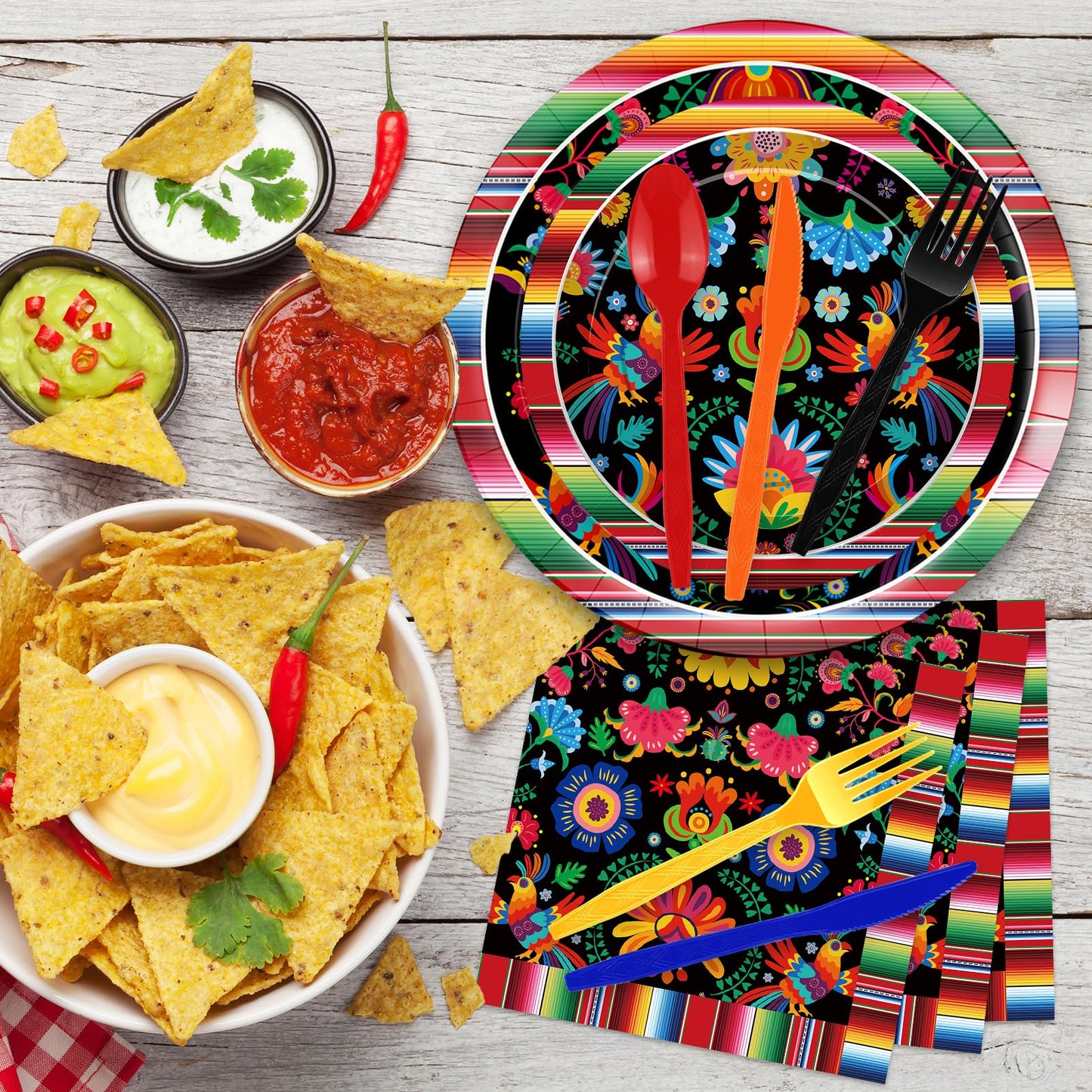 175 Pcs Fiesta Tableware Set – Serves 25, Mexican Party Supplies Disposable Plates, Cups, Napkins, Forks, Spoons, Knives with Floral and Serape Stripe Design for Cinco de Mayo, Birthday Celebrations