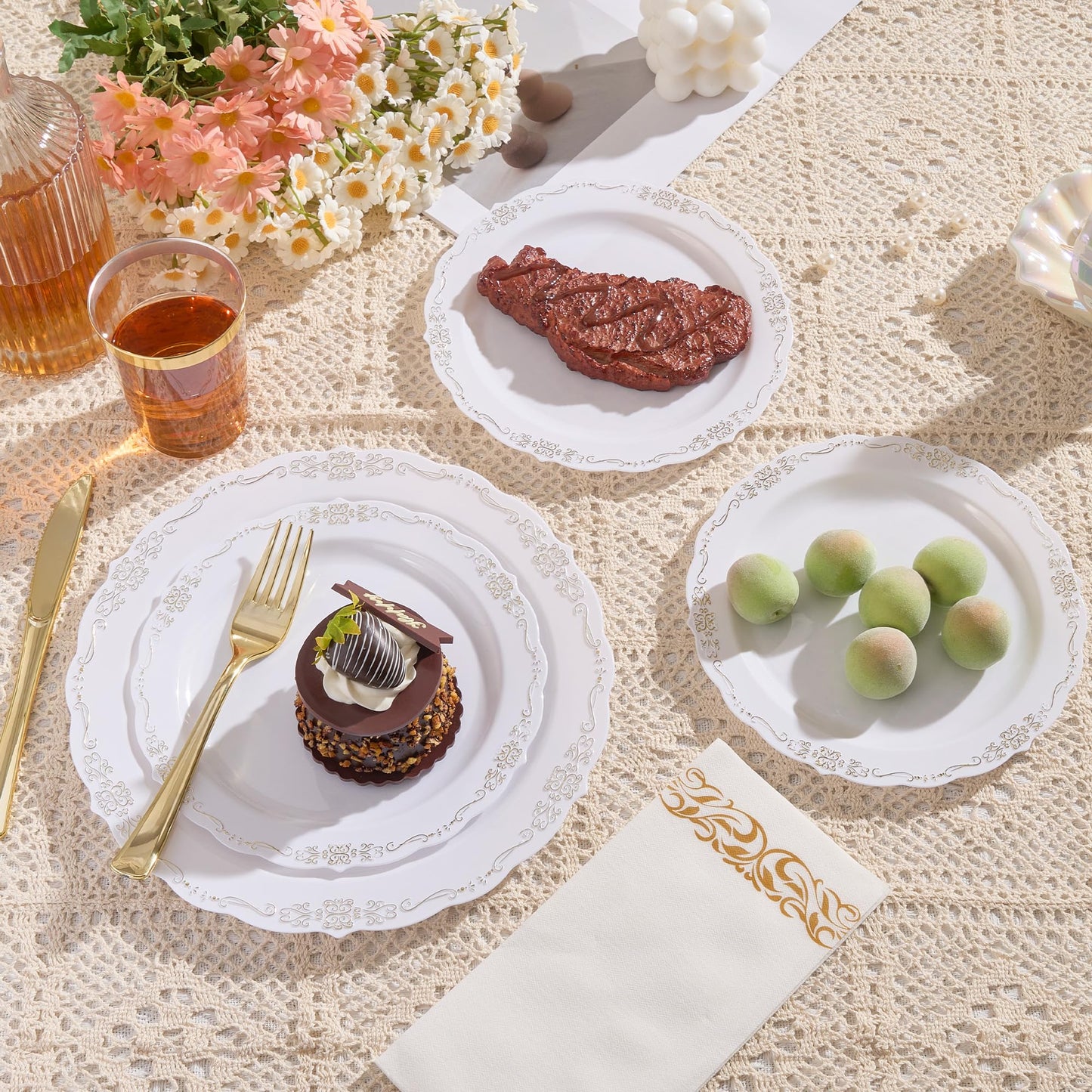 Fijinhom 350 PCS White and Gold Disposable Plates, Elegant Dinnerware Set for 50 Guests, 100 Plastic Plates, 150 Silverware, 50 Cups & 50 Paper Napkins, White and Gold